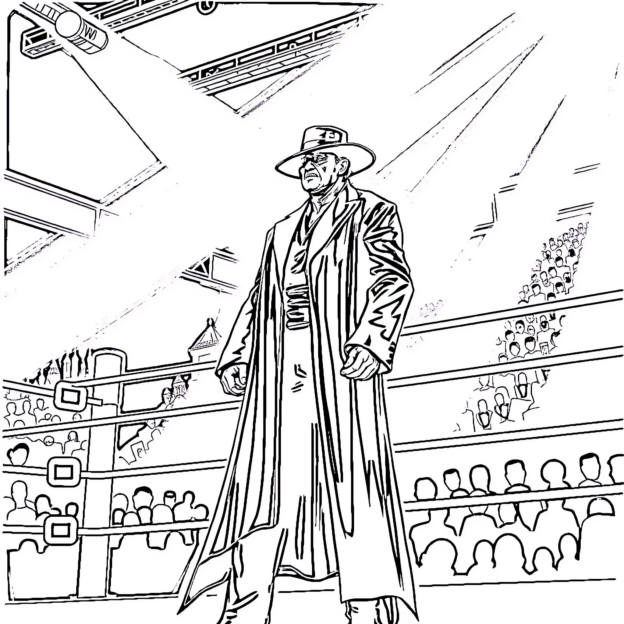 Undertaker standing solemnly in a crowd Coloring Page (free black-and-white line drawing printable PDF for all, from beginners to advanced learners, including children, teens, adults, and seniors)