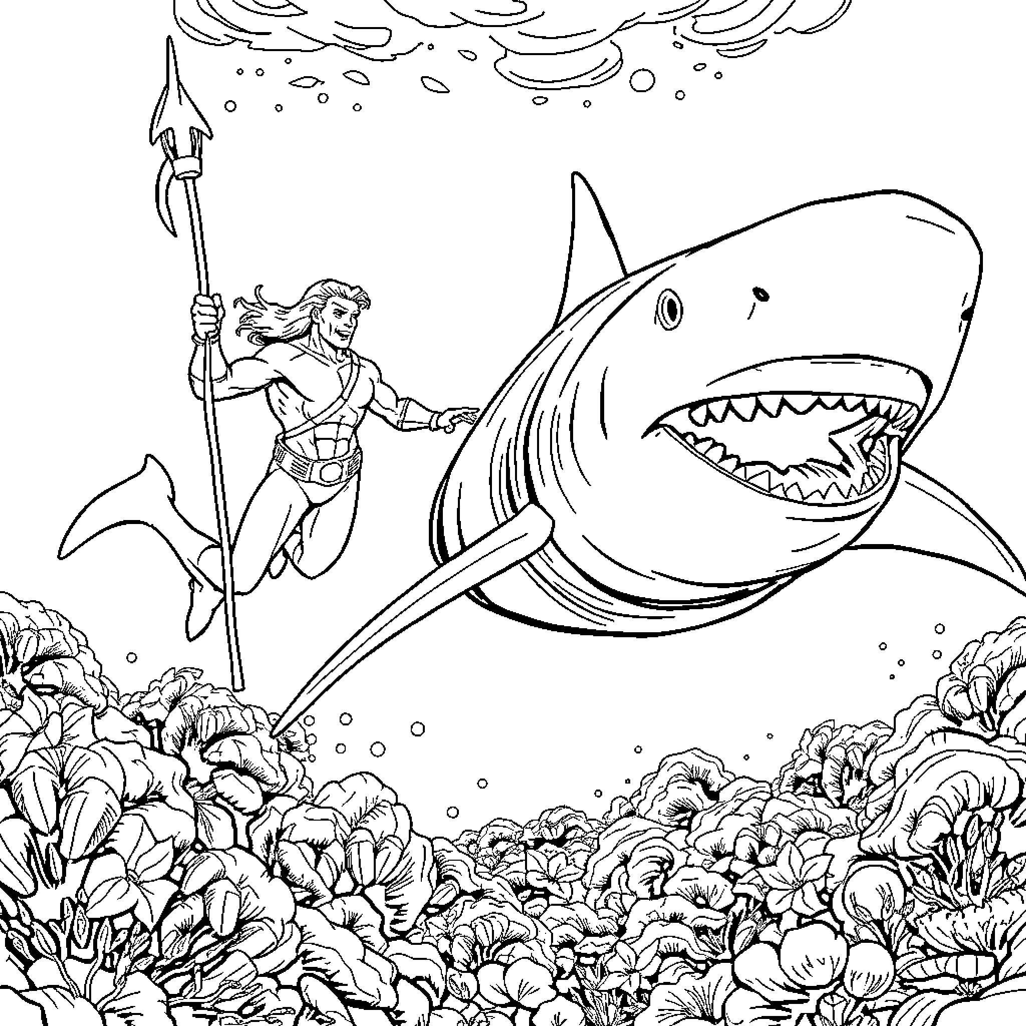 Aquaman heroically confronting a fierce underwater shark Coloring Page (free black-and-white line drawing printable PDF for all, from beginners to advanced learners, including children, teens, adults, and seniors)