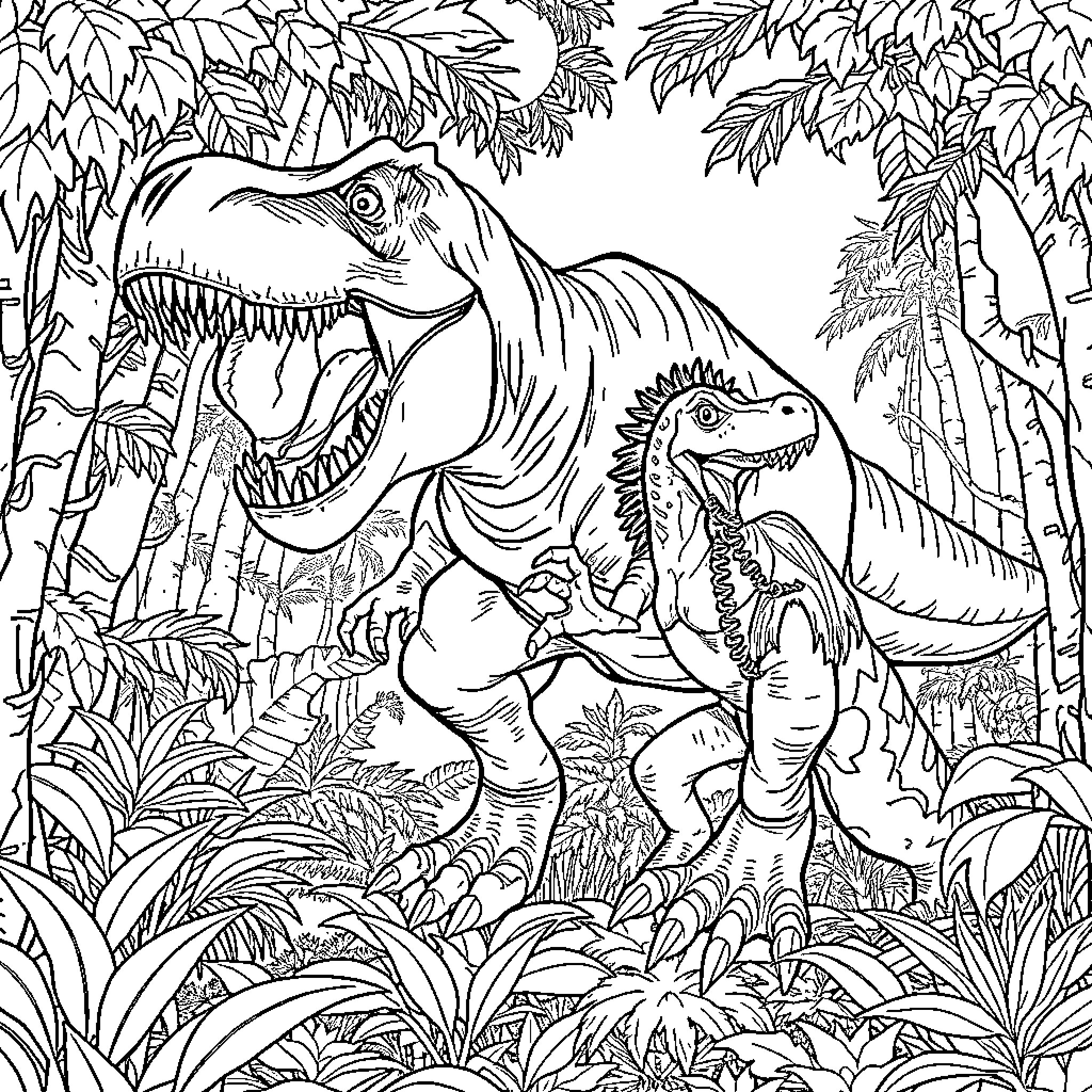 Indominus Rex Dinosaurs Roaming in the Jungle Coloring Page (free black-and-white line drawing printable PDF for all, from beginners to advanced learners, including children, teens, adults, and seniors)
