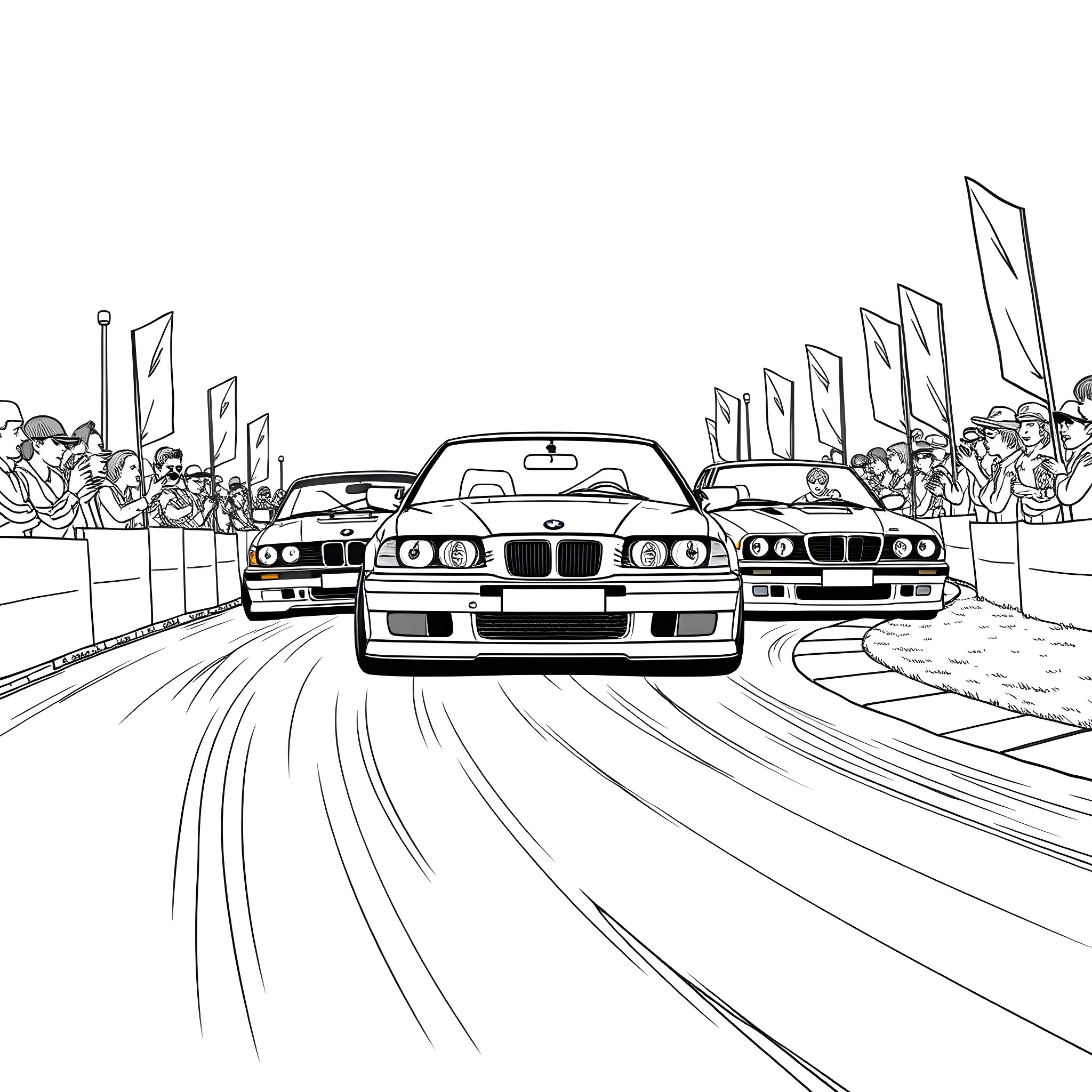Car racing on the track with spectators Coloring Page (free black-and-white line drawing printable PDF for all, from beginners to advanced learners, including children, teens, adults, and seniors)
