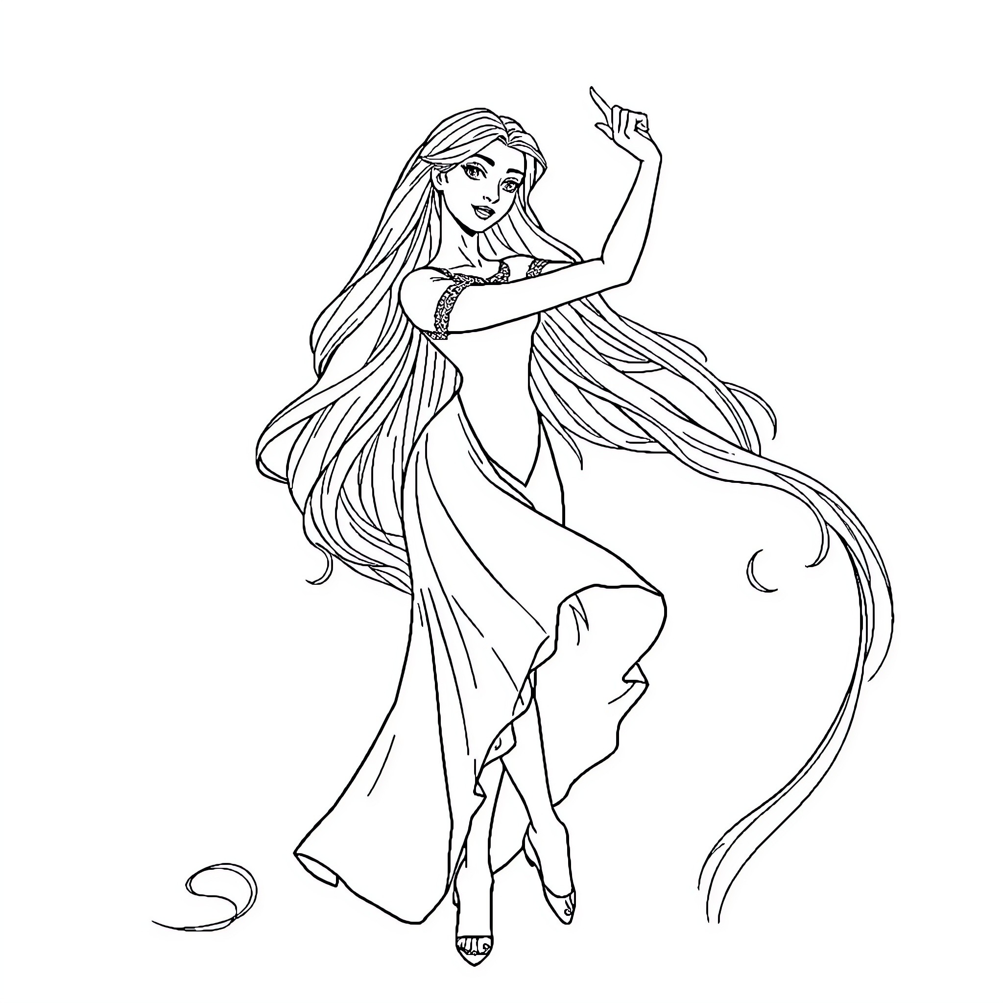 Rapunzel dancing gracefully in a flowing dress Coloring Page (free black-and-white line drawing printable PDF for all, from beginners to advanced learners, including children, teens, adults, and seniors)