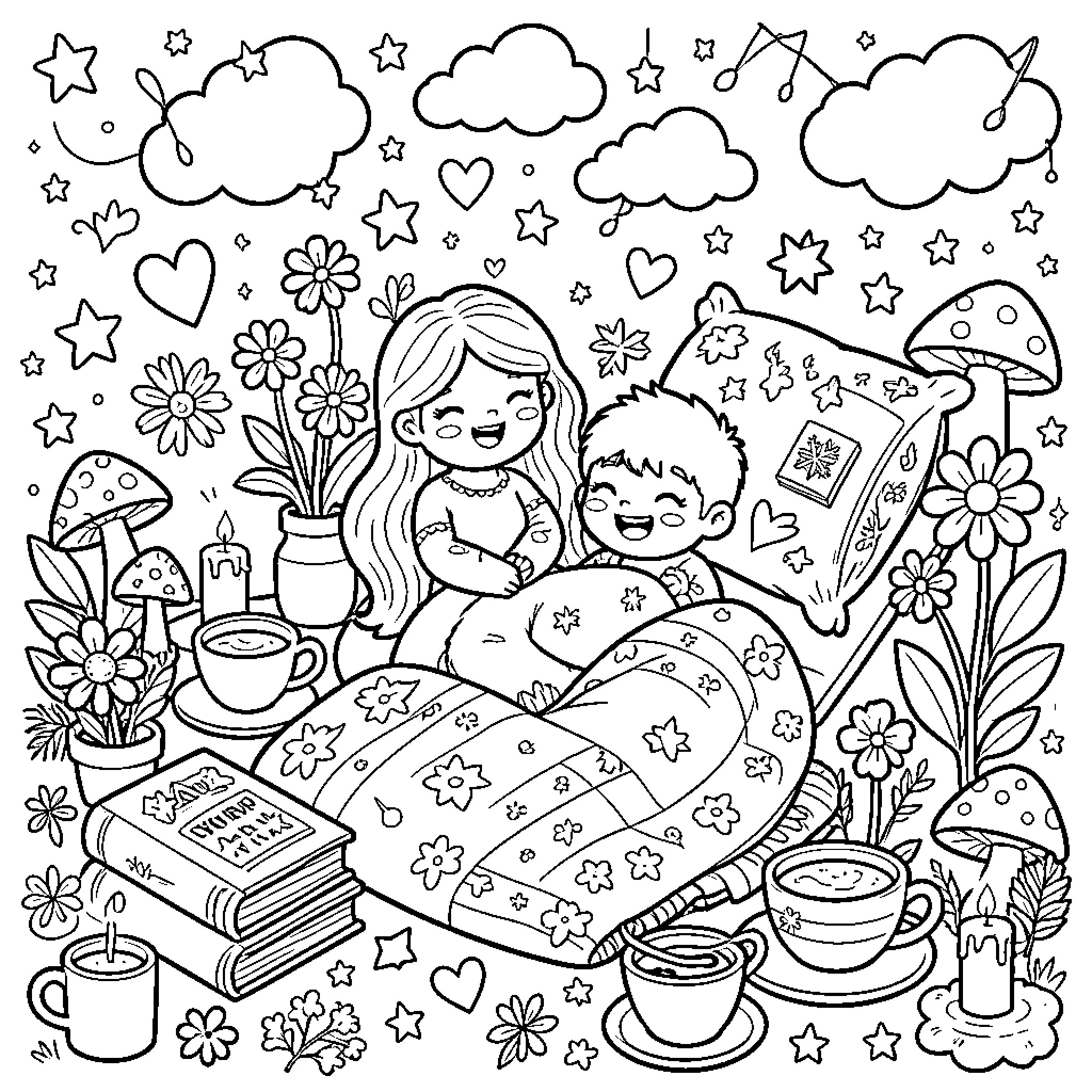 Character relaxing under a blanket with snacks and tea Coloring Page (free black-and-white line drawing printable PDF for all, from beginners to advanced learners, including children, teens, adults, and seniors)