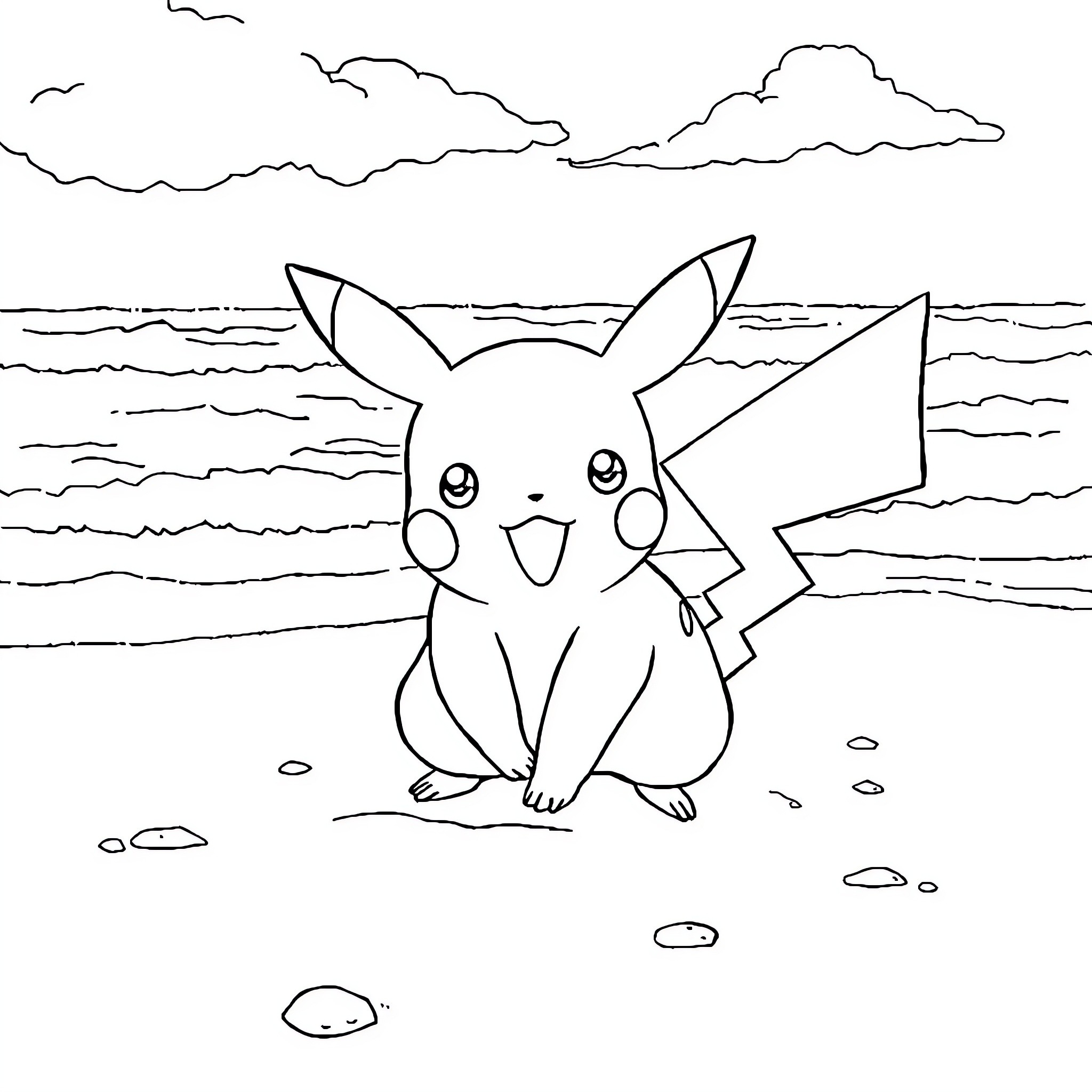 Pikachu enjoying the beach scenery Coloring Page (free black-and-white line drawing printable PDF for all, from beginners to advanced learners, including children, teens, adults, and seniors)