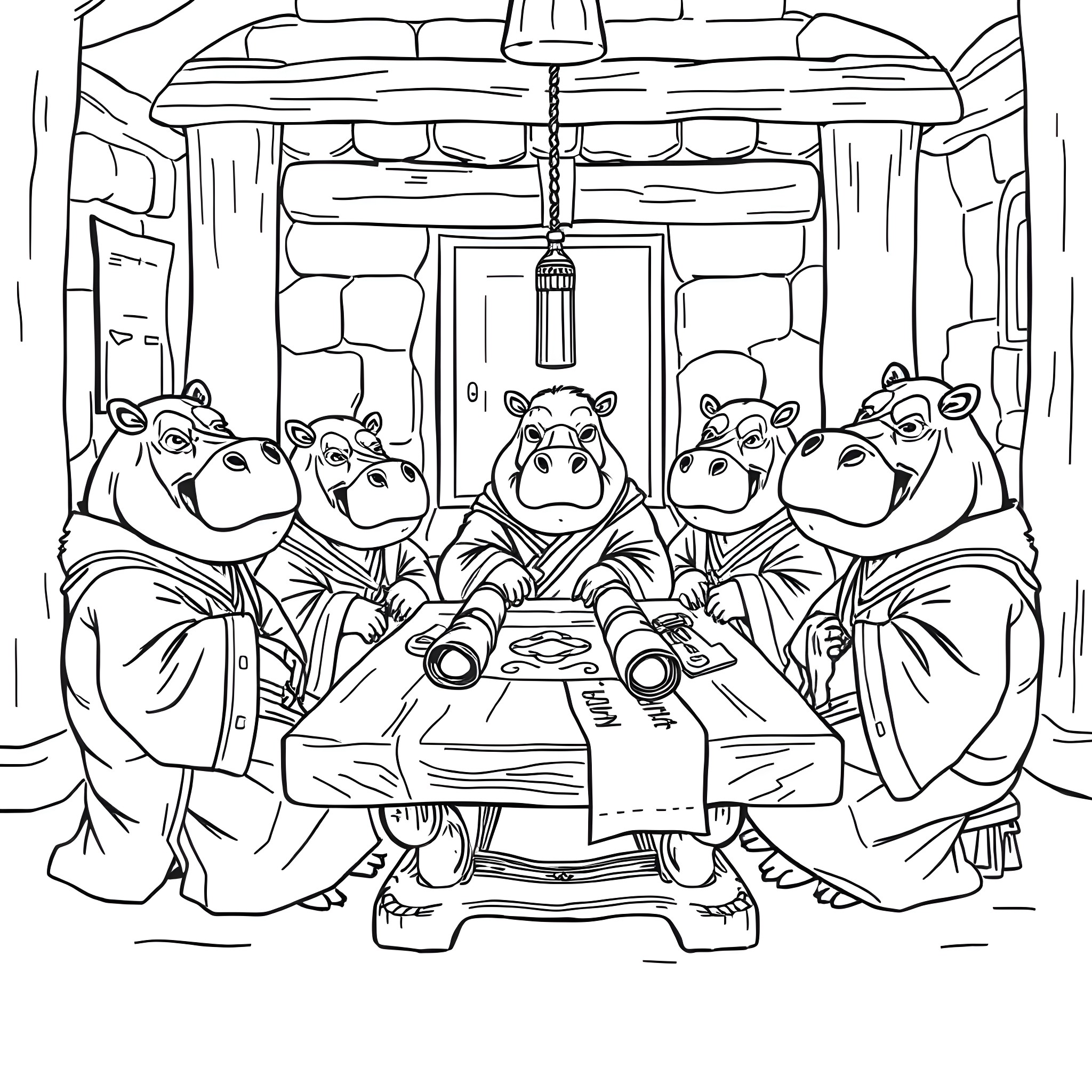 Hippos enjoying a fancy dinner party Coloring Page (free black-and-white line drawing printable PDF for all, from beginners to advanced learners, including children, teens, adults, and seniors)