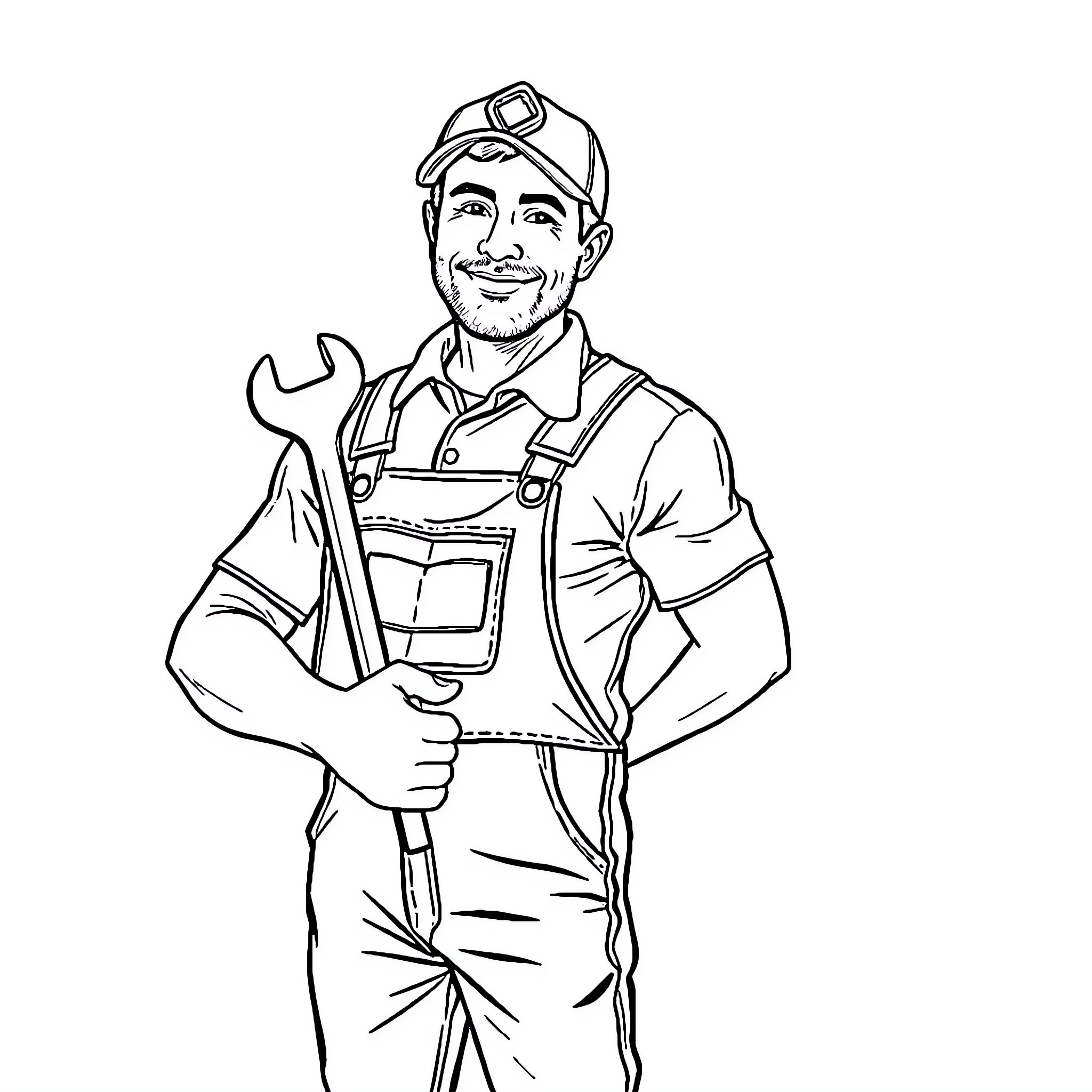 Plumber with tools ready to fix issues Coloring Page (free black-and-white line drawing printable PDF for all, from beginners to advanced learners, including children, teens, adults, and seniors)