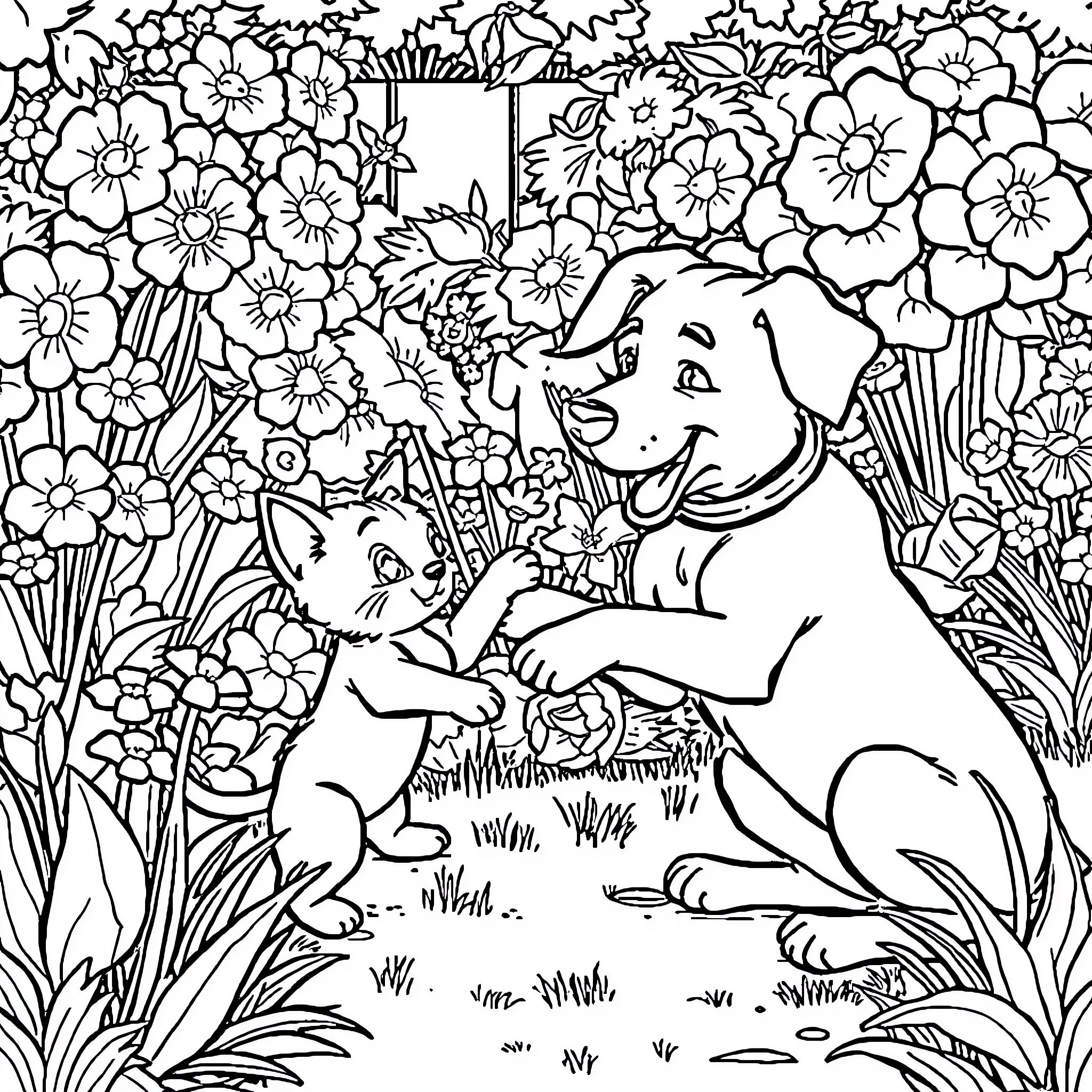Cat and Dog Playing in Floral Garden Coloring Page (free black-and-white line drawing printable PDF for all, from beginners to advanced learners, including children, teens, adults, and seniors)