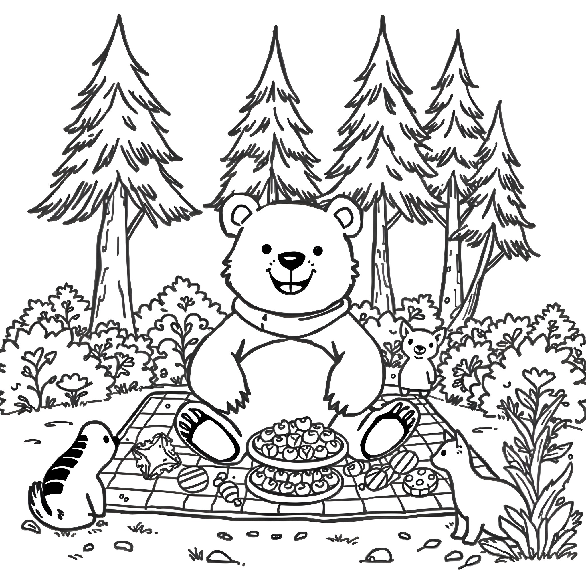 Bear picnicking in the forest Coloring Page (free black-and-white line drawing printable PDF for all, from beginners to advanced learners, including children, teens, adults, and seniors)