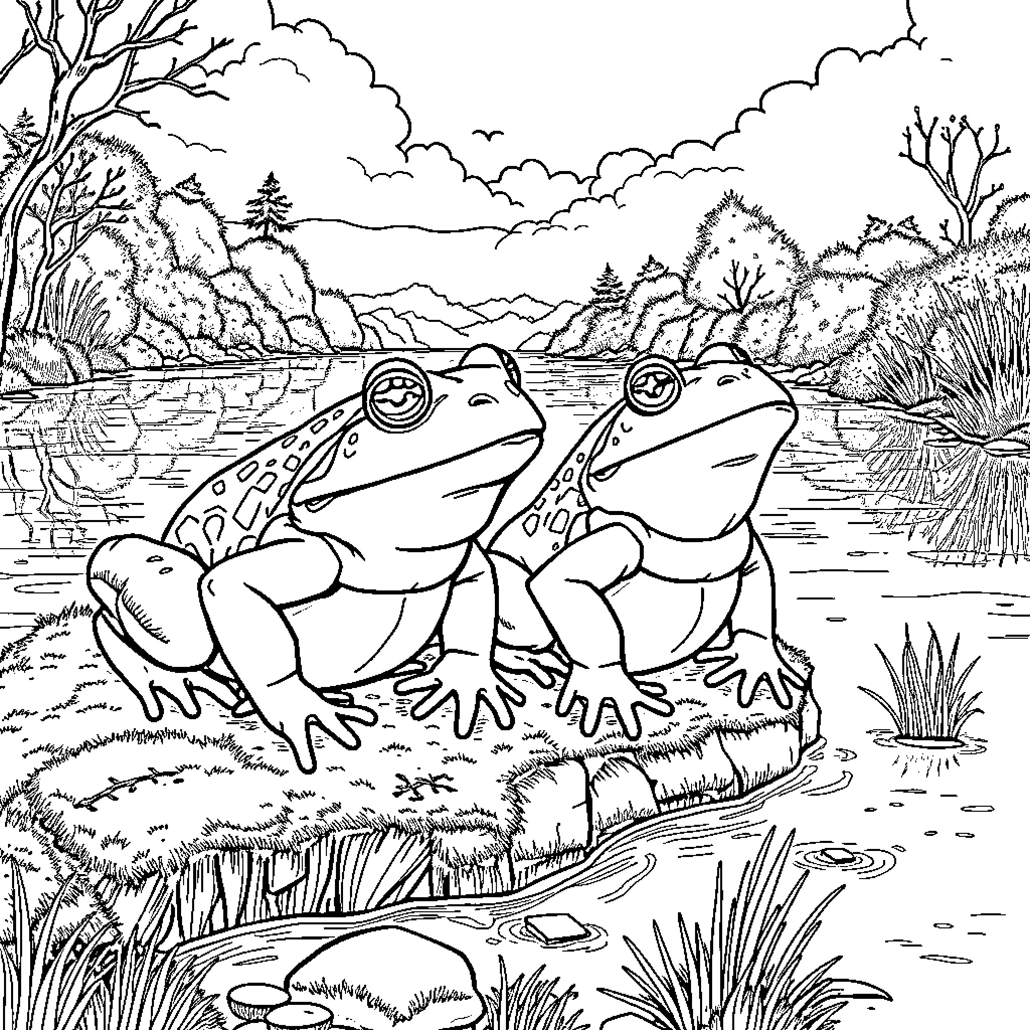 Frogs relaxing by the tranquil lake Coloring Page (free black-and-white line drawing printable PDF for all, from beginners to advanced learners, including children, teens, adults, and seniors)