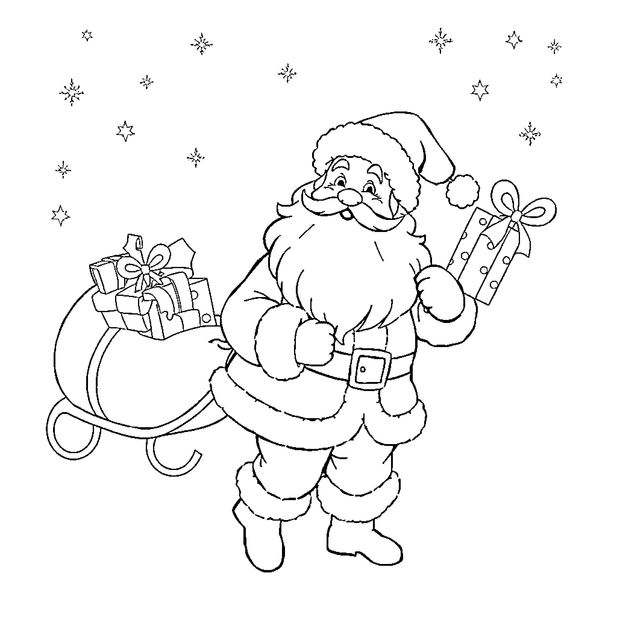 Santa Claus delivering gifts in the winter Coloring Page (free black-and-white line drawing printable PDF for all, from beginners to advanced learners, including children, teens, adults, and seniors)