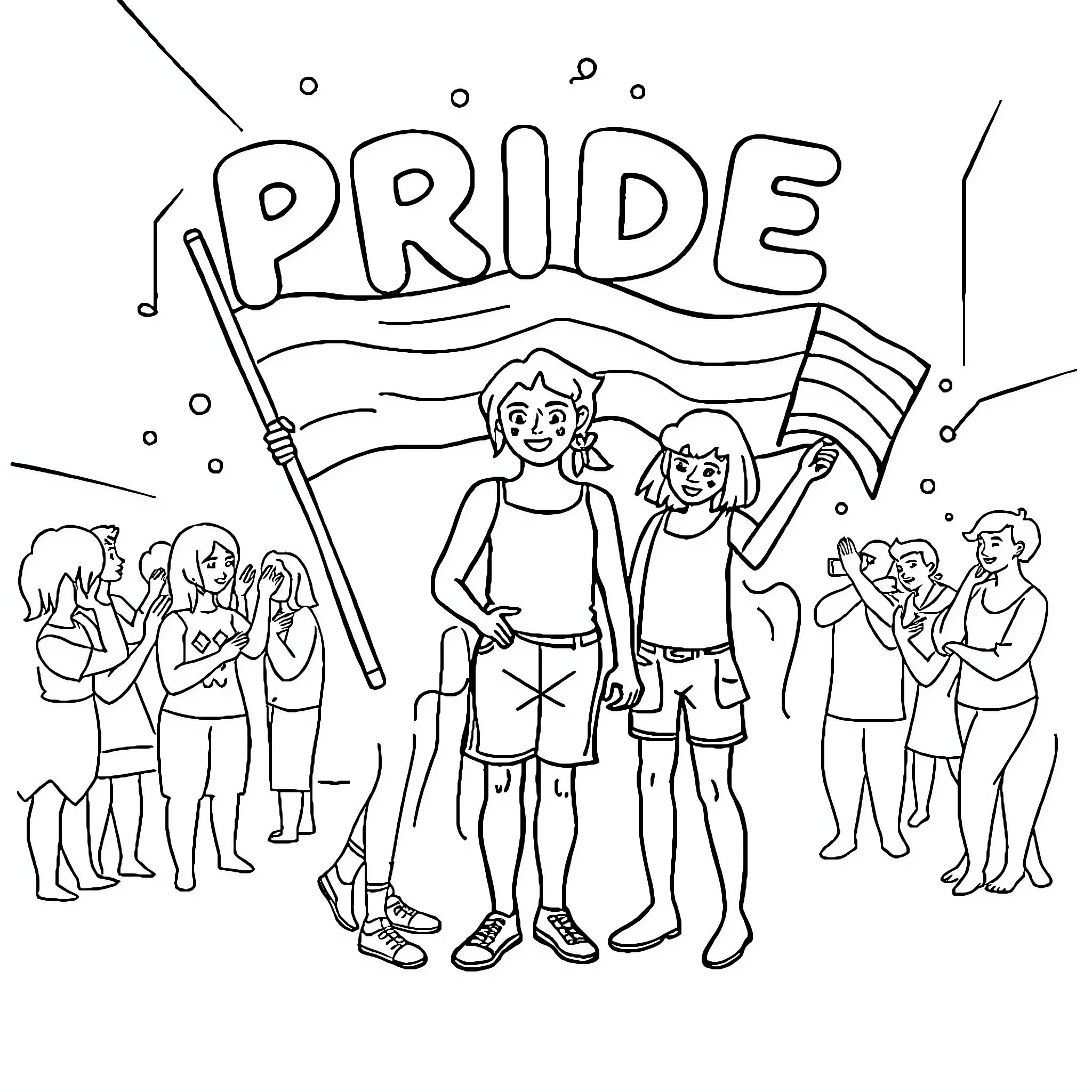 Pride celebration with diverse people and flags Coloring Page (free black-and-white line drawing printable PDF for all, from beginners to advanced learners, including children, teens, adults, and seniors)