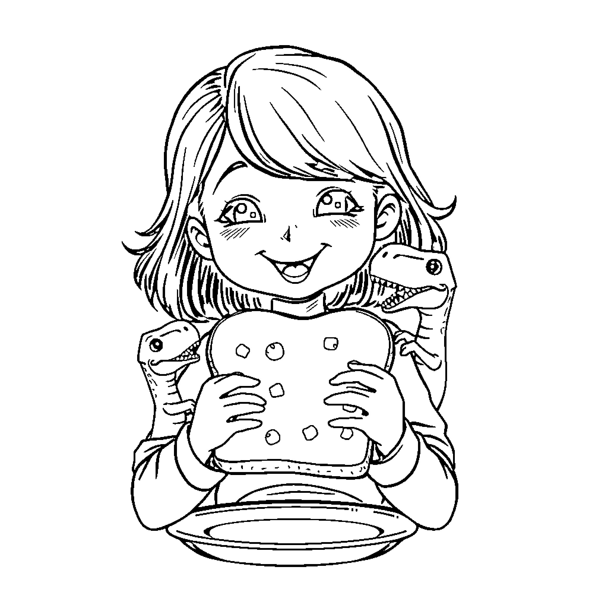 Girl happily playing with spotty pet toy Coloring Page (free black-and-white line drawing printable PDF for all, from beginners to advanced learners, including children, teens, adults, and seniors)