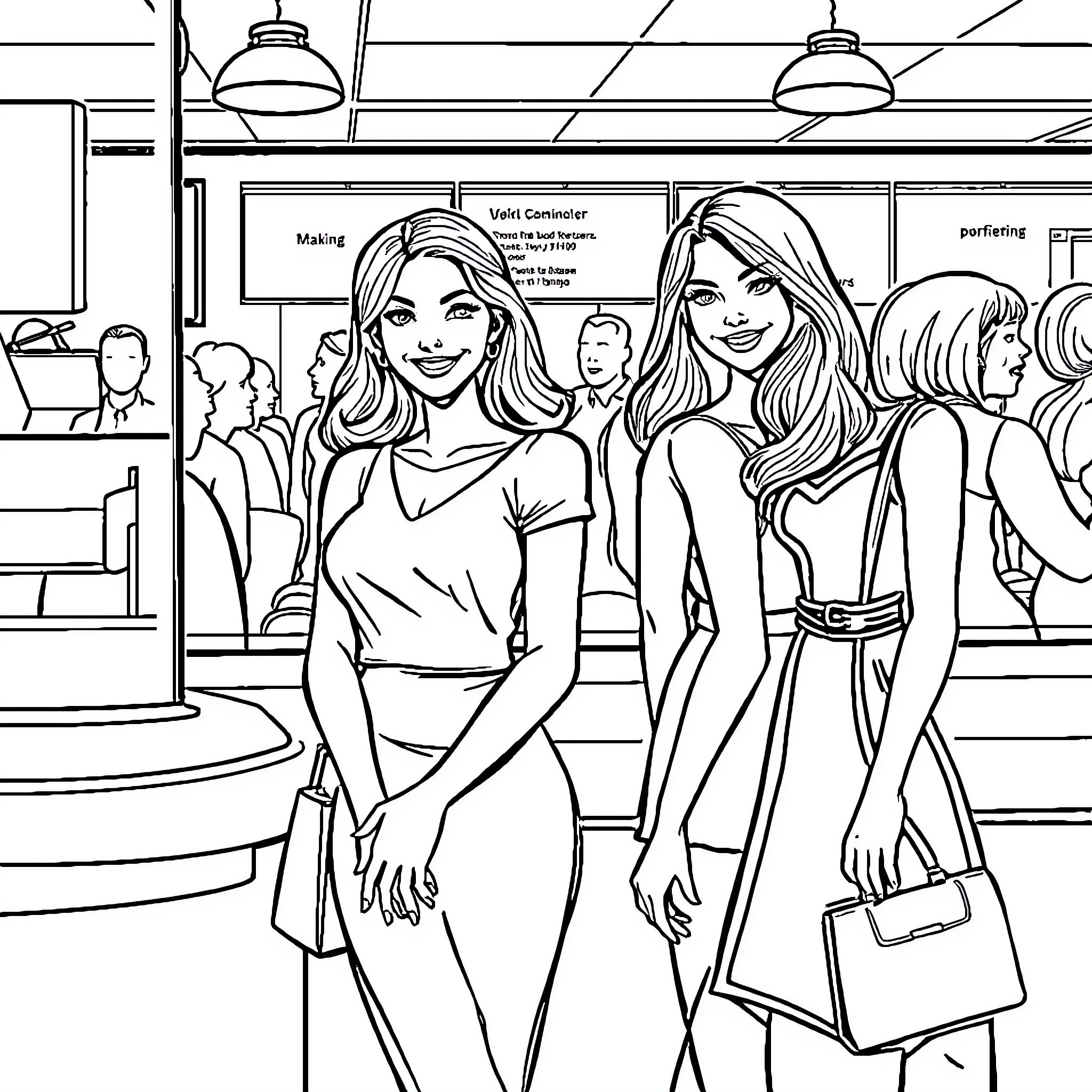 Women Enjoying a Lively Outing in the City Coloring Page (free black-and-white line drawing printable PDF for all, from beginners to advanced learners, including children, teens, adults, and seniors)