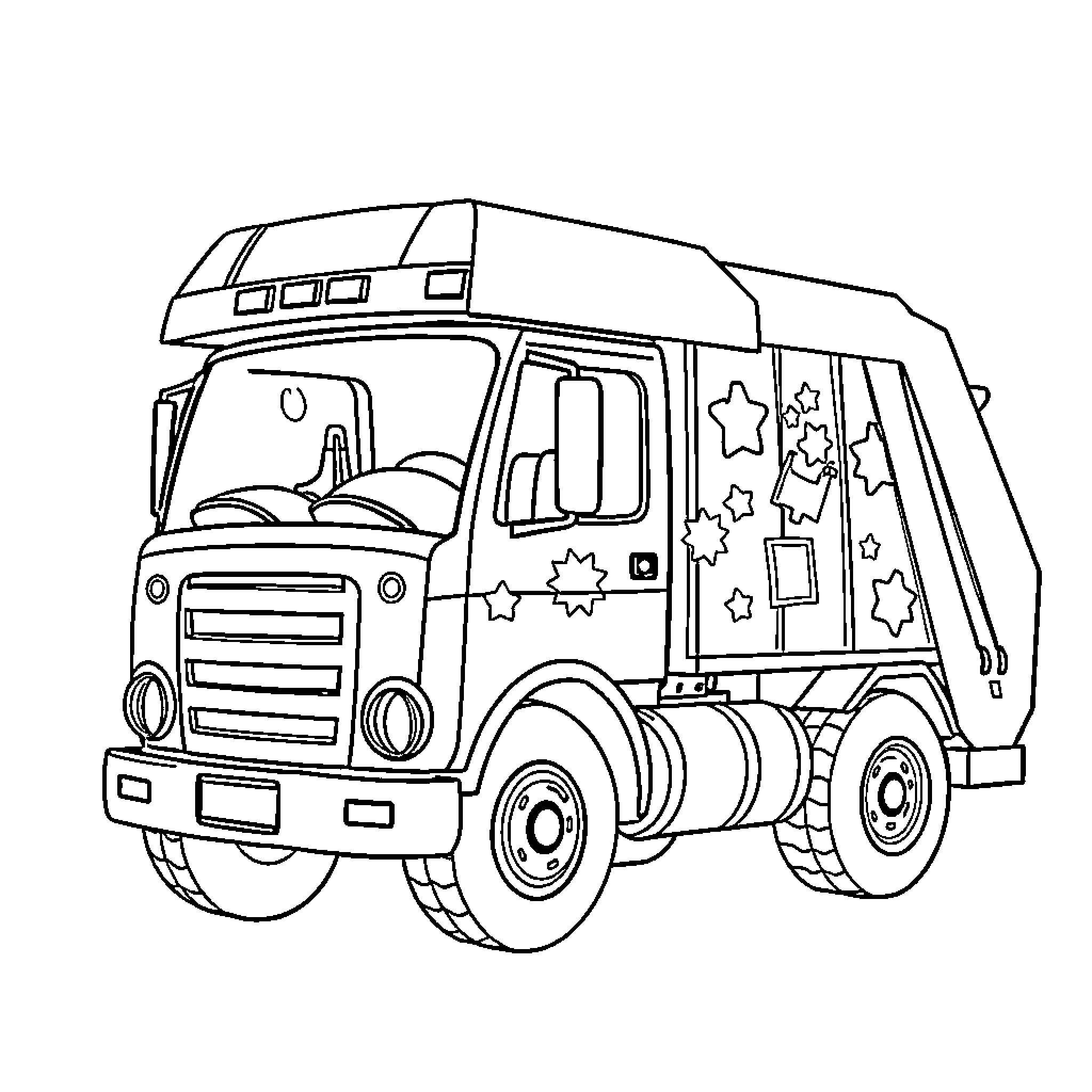 Garbage Truck Collecting Trash with Decorative Elements Coloring Page (free black-and-white line drawing printable PDF for all, from beginners to advanced learners, including children, teens, adults, and seniors)