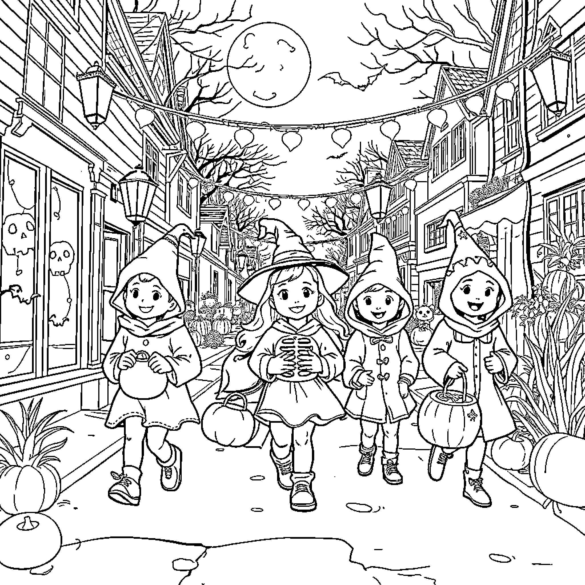 Halloween Trick-or-Treaters Parading Down the Street Coloring Page (free black-and-white line drawing printable PDF for all, from beginners to advanced learners, including children, teens, adults, and seniors)