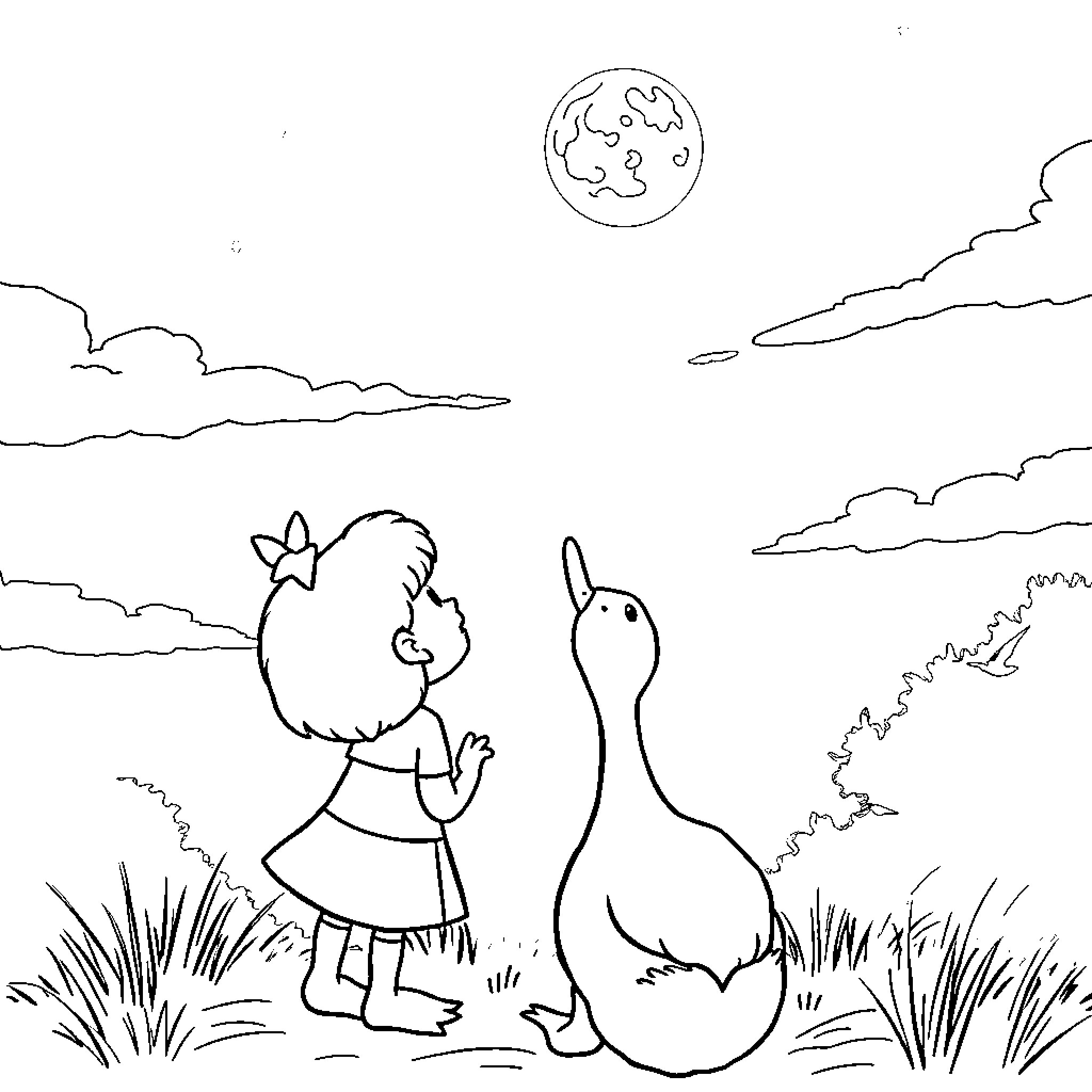 Sarah and Duck explore the night landscape Coloring Page (free black-and-white line drawing printable PDF for all, from beginners to advanced learners, including children, teens, adults, and seniors)