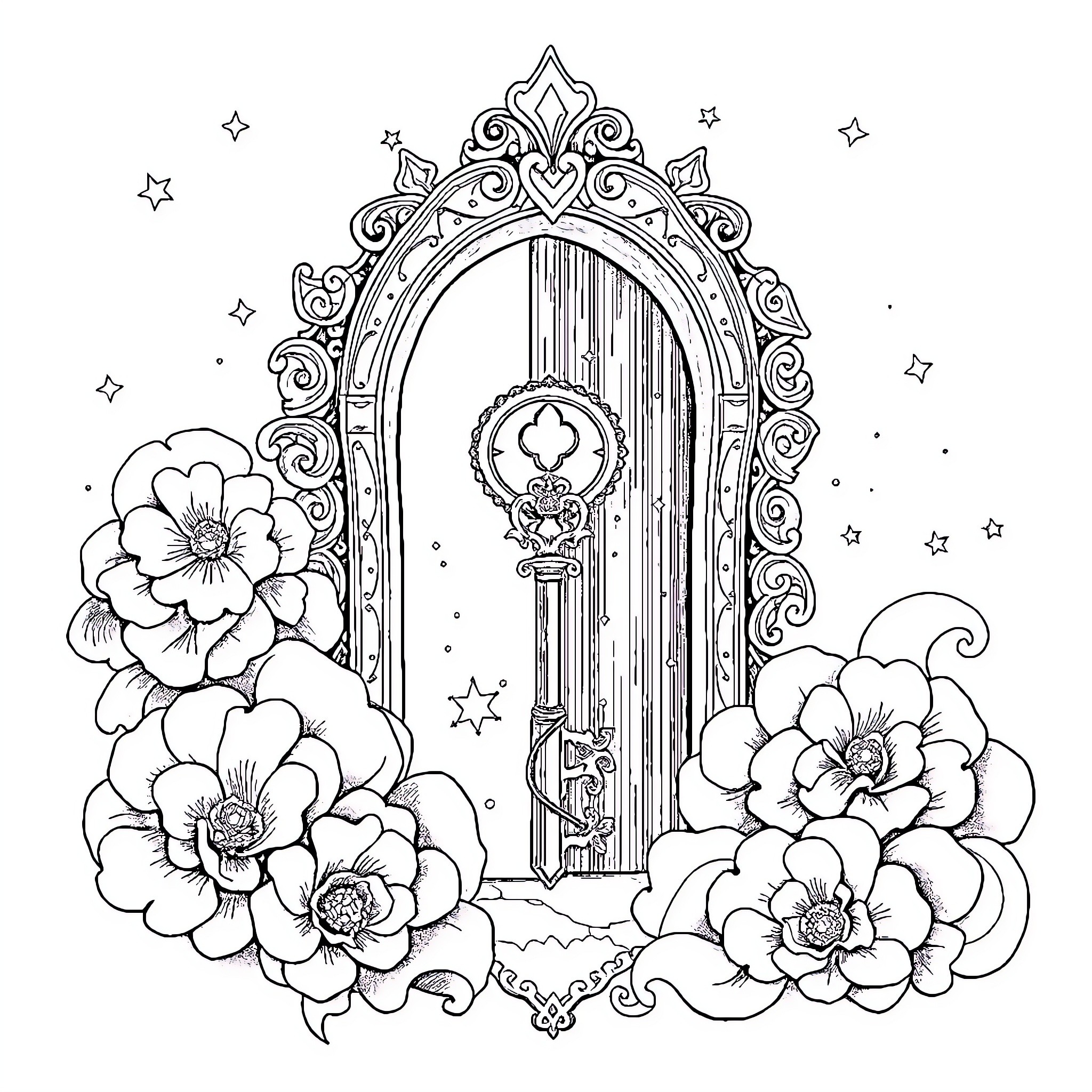Key Ornate Floral Entrance with Decorative Doorway Coloring Page (free black-and-white line drawing printable PDF for all, from beginners to advanced learners, including children, teens, adults, and seniors)