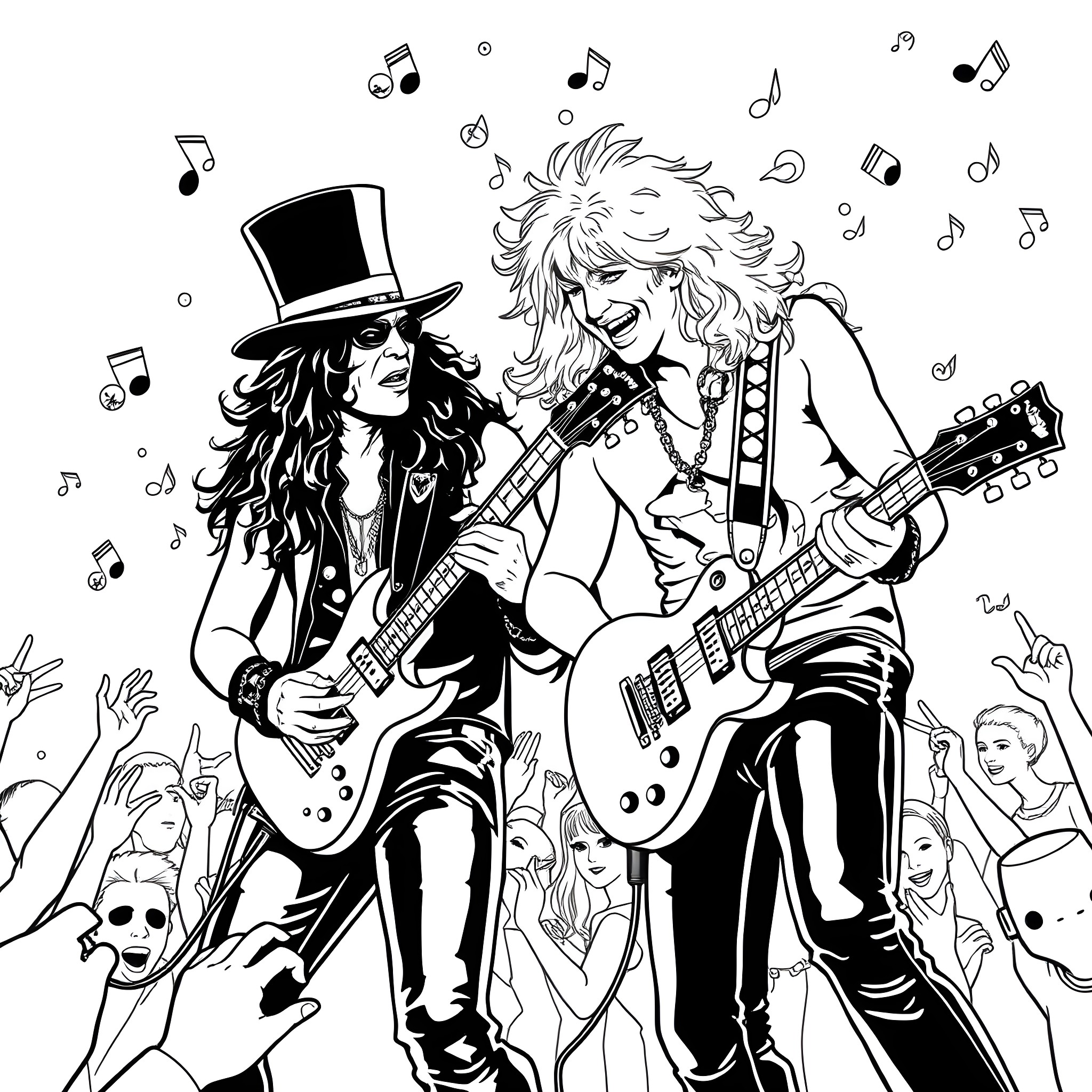 Guitarist duo rocking the stage with energy Coloring Page (free black-and-white line drawing printable PDF for all, from beginners to advanced learners, including children, teens, adults, and seniors)