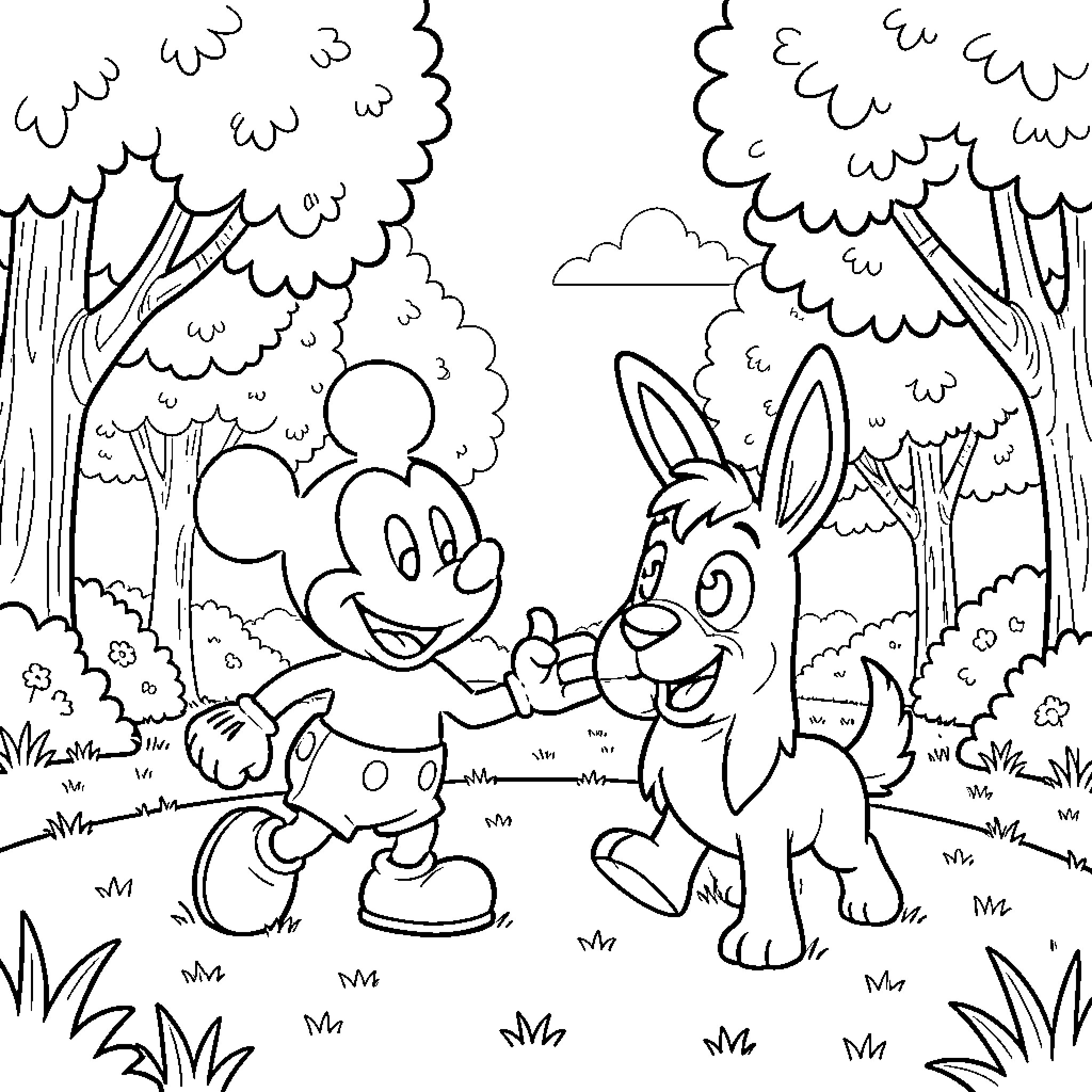 Mickey Mouse playing happily with a small puppy Coloring Page (free black-and-white line drawing printable PDF for all, from beginners to advanced learners, including children, teens, adults, and seniors)