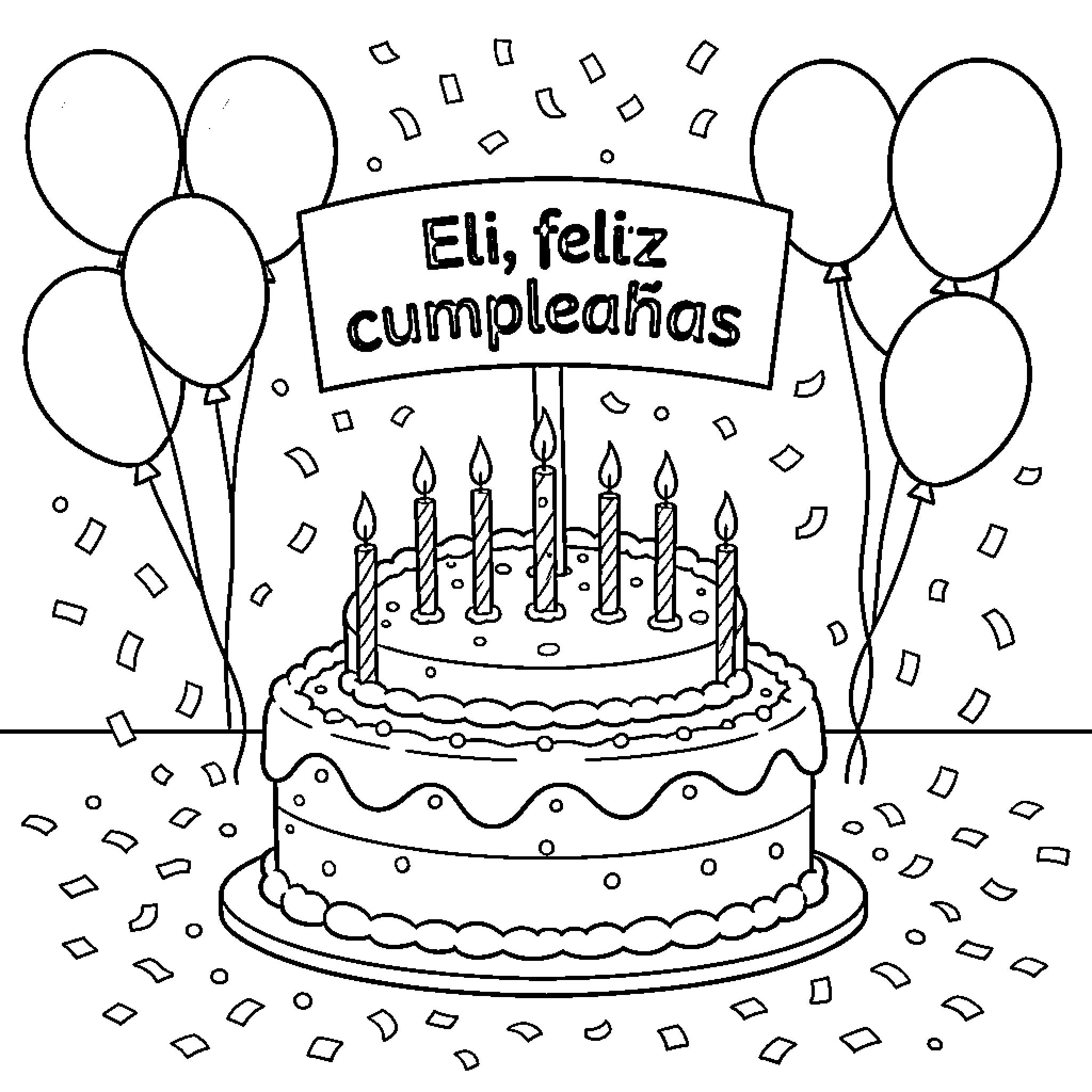 Pastel birthday cake with balloons and confetti Coloring Page (free black-and-white line drawing printable PDF for all, from beginners to advanced learners, including children, teens, adults, and seniors)