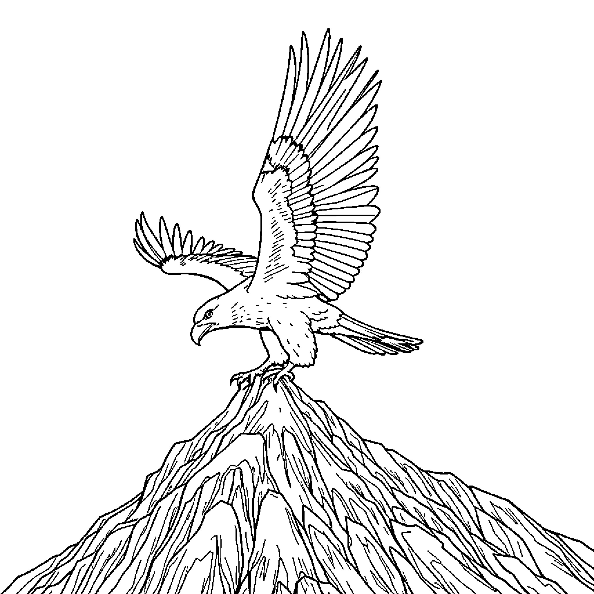 Águila soaring over majestic peaks Coloring Page (free black-and-white line drawing printable PDF for all, from beginners to advanced learners, including children, teens, adults, and seniors)