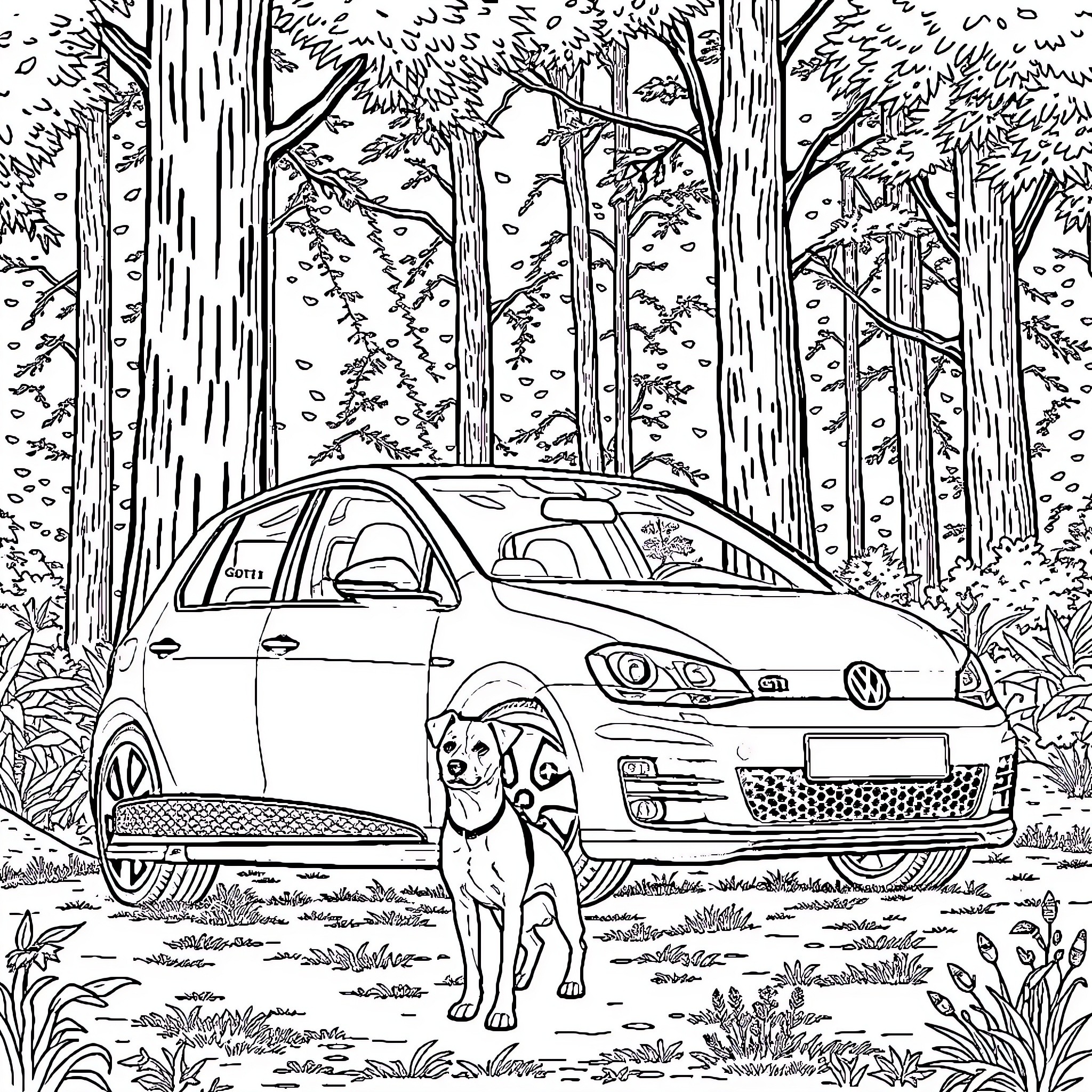 Golf GTI MK3 in the Scenic Forest Coloring Page (free black-and-white line drawing printable PDF for all, from beginners to advanced learners, including children, teens, adults, and seniors)