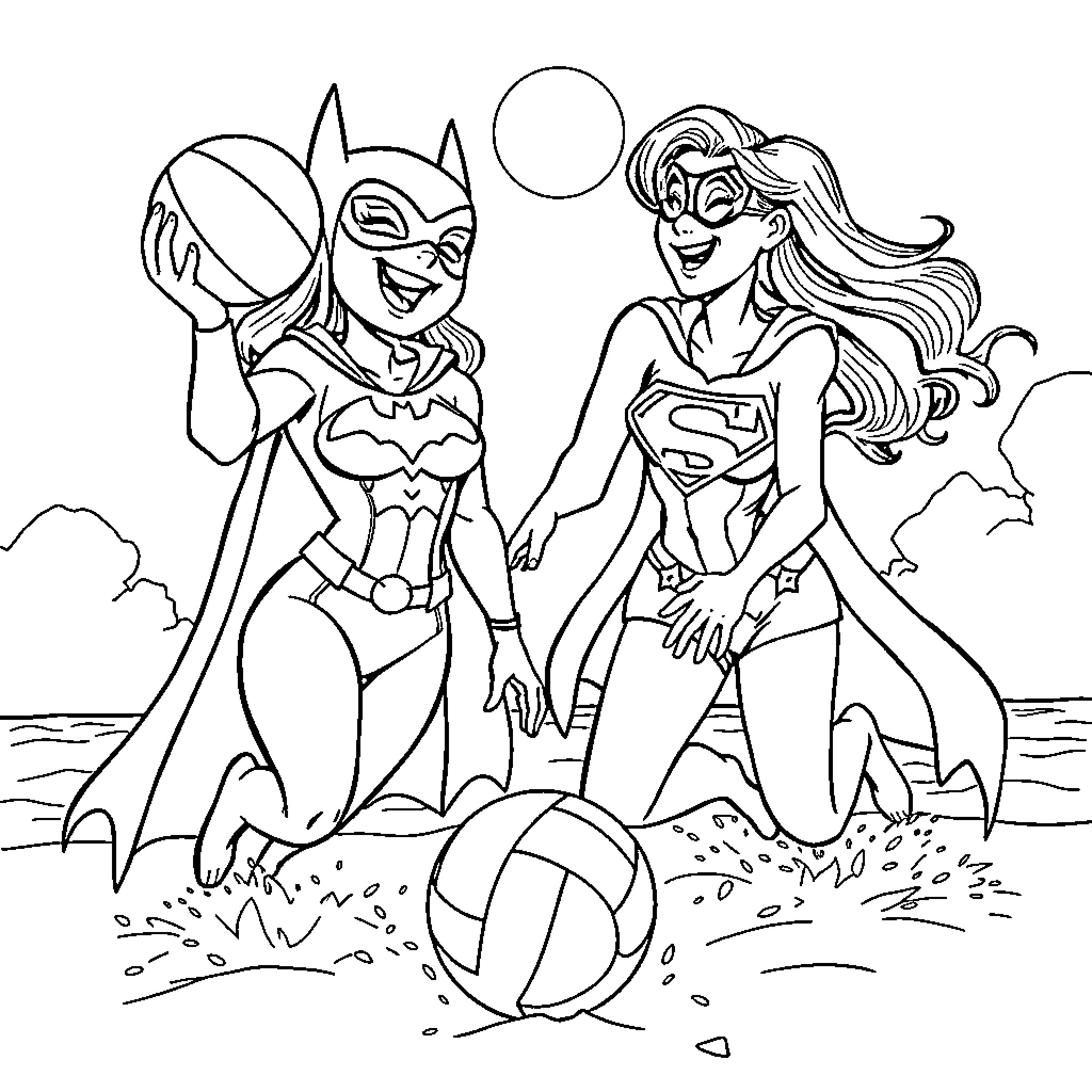 Batgirl and Supergirl playing together on the beach Coloring Page (free black-and-white line drawing printable PDF for all, from beginners to advanced learners, including children, teens, adults, and seniors)