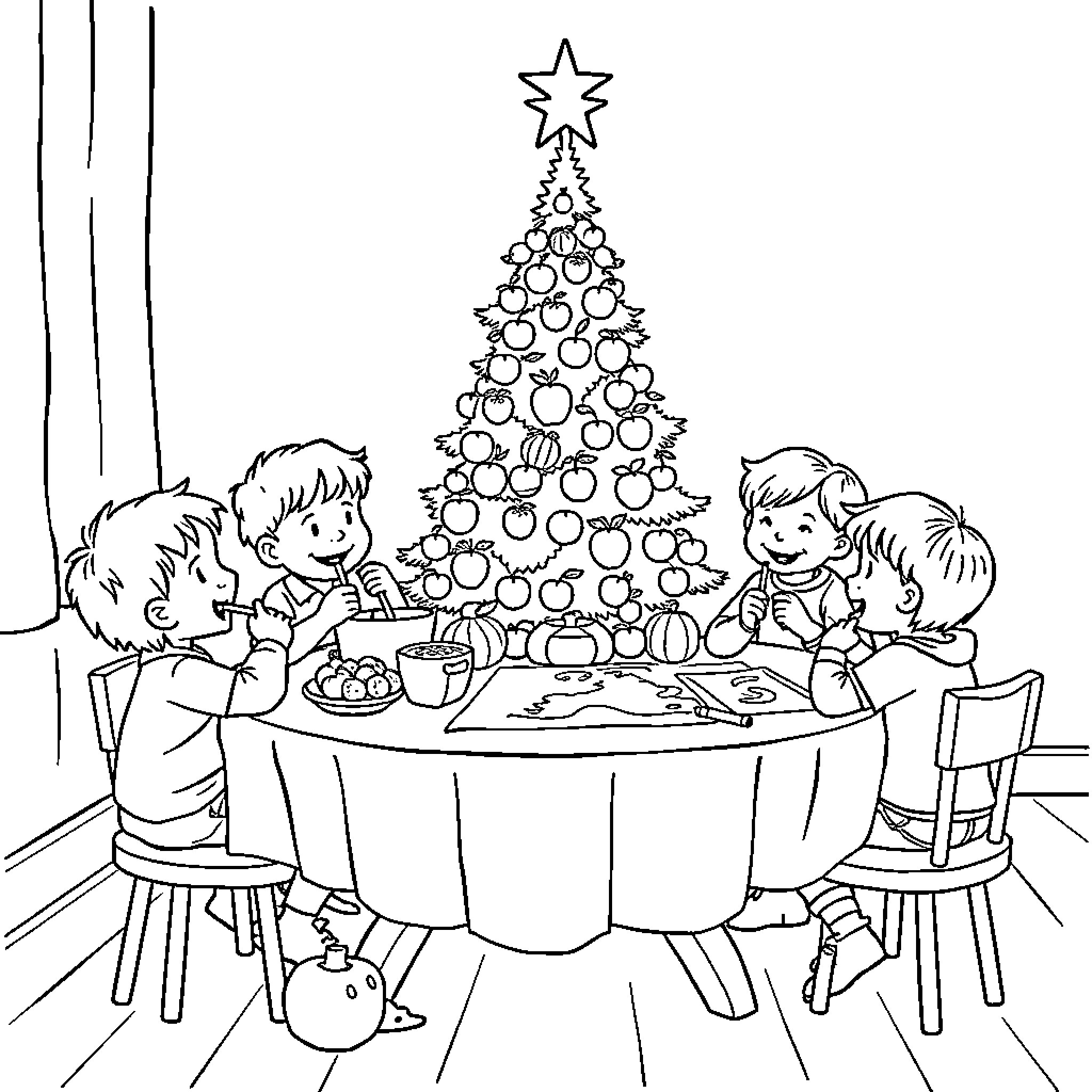 Kids enjoying Christmas dinner together Coloring Page (free black-and-white line drawing printable PDF for all, from beginners to advanced learners, including children, teens, adults, and seniors)