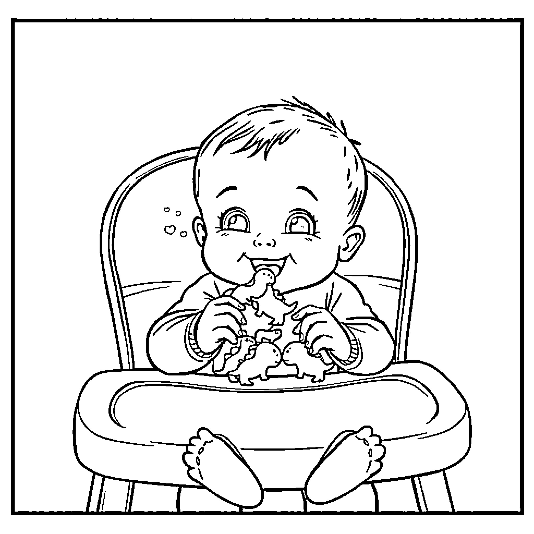 Dinosaur enjoying snack in high chair Coloring Page (free black-and-white line drawing printable PDF for all, from beginners to advanced learners, including children, teens, adults, and seniors)