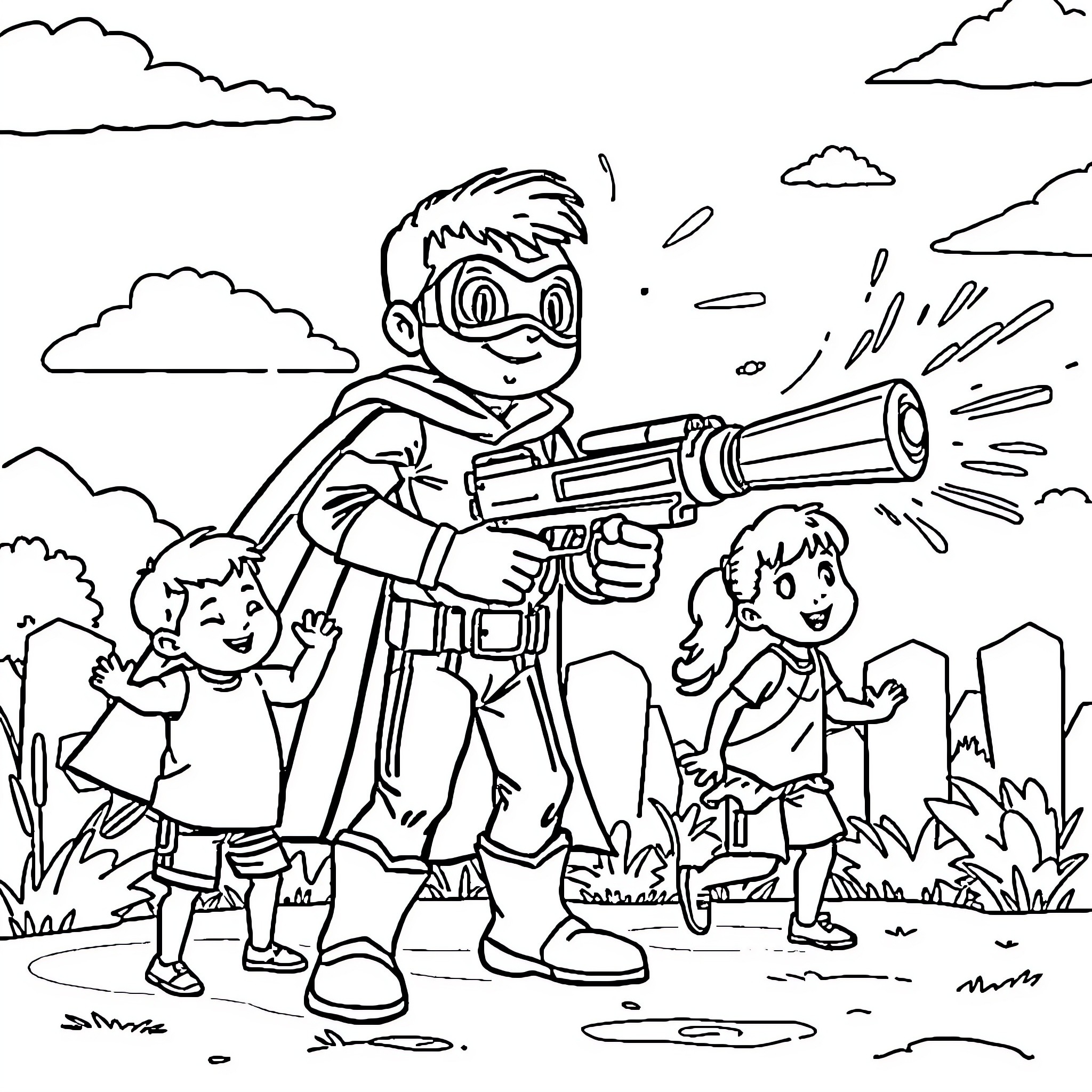 Superhero with laser gun protects children in the park Coloring Page (free black-and-white line drawing printable PDF for all, from beginners to advanced learners, including children, teens, adults, and seniors)