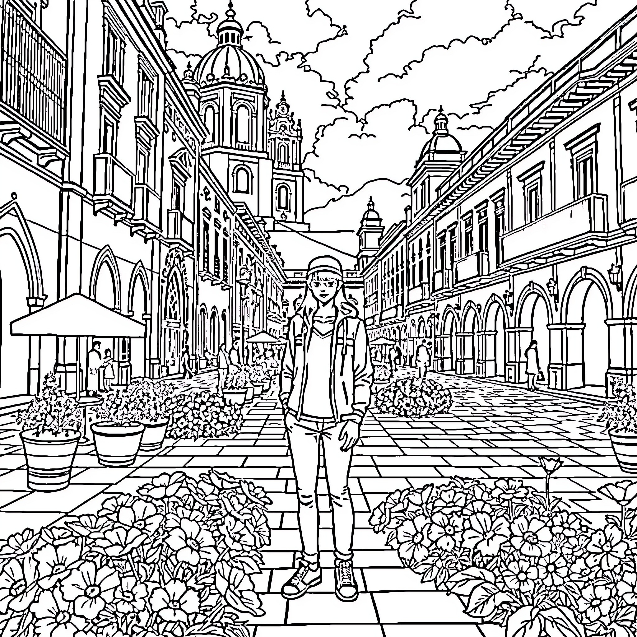 Seiya exploring the vibrant city streets Coloring Page (free black-and-white line drawing printable PDF for all, from beginners to advanced learners, including children, teens, adults, and seniors)