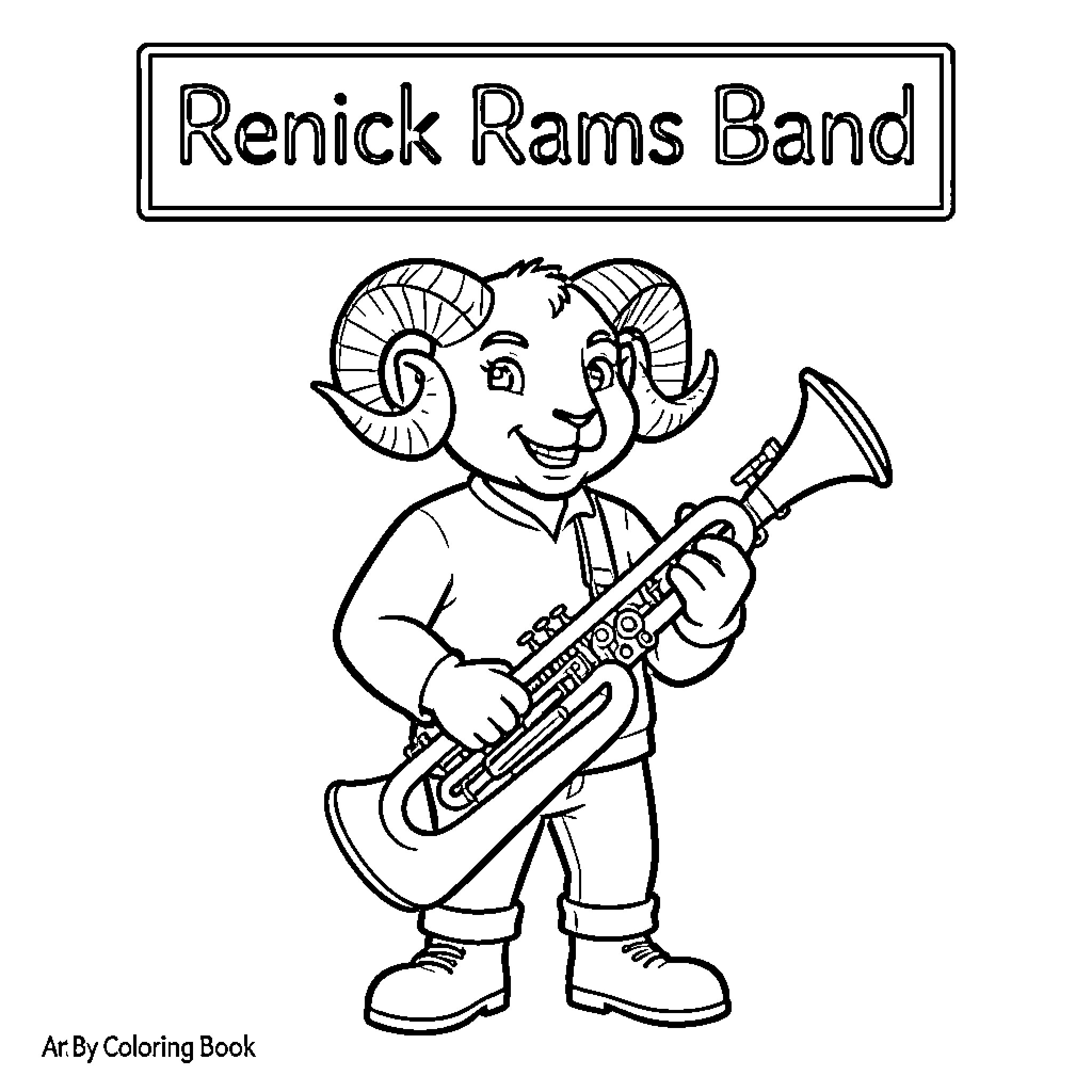 Ram mascot happily playing a musical instrument Coloring Page (free black-and-white line drawing printable PDF for all, from beginners to advanced learners, including children, teens, adults, and seniors)