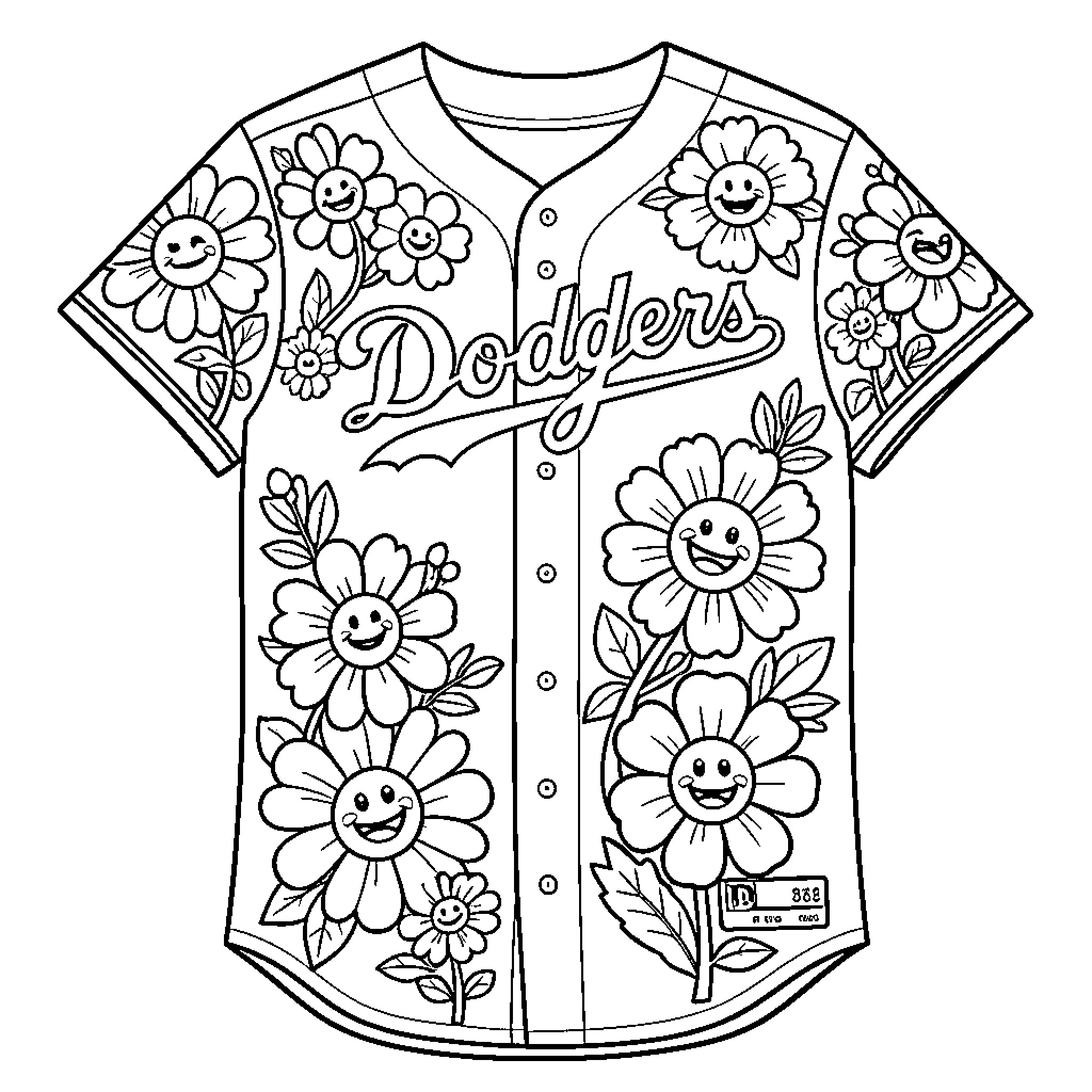 Flower-decorated baseball jersey with cheerful designs Coloring Page (free black-and-white line drawing printable PDF for all, from beginners to advanced learners, including children, teens, adults, and seniors)