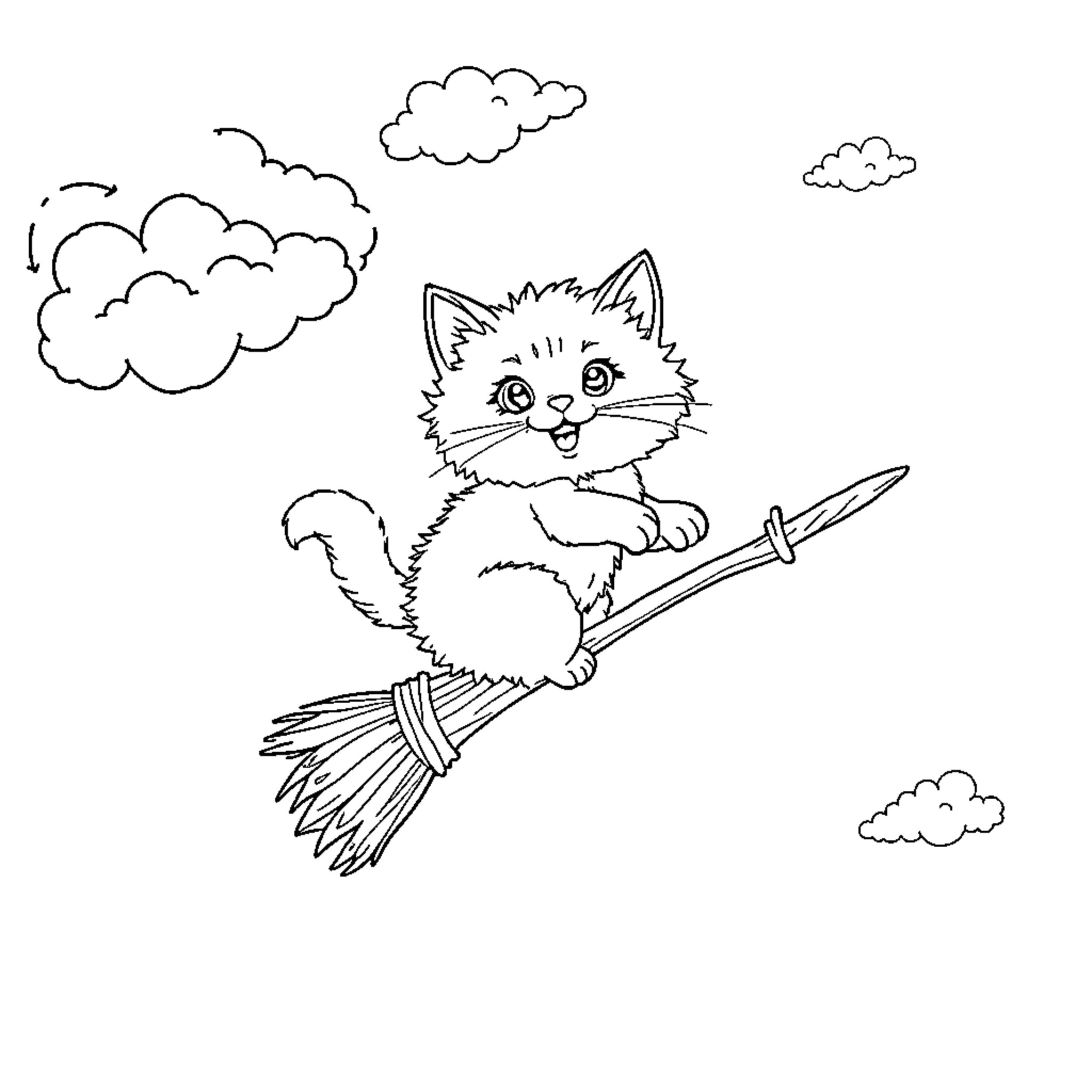 Kitten flying on a broomstick in the clouds Coloring Page (free black-and-white line drawing printable PDF for all, from beginners to advanced learners, including children, teens, adults, and seniors)