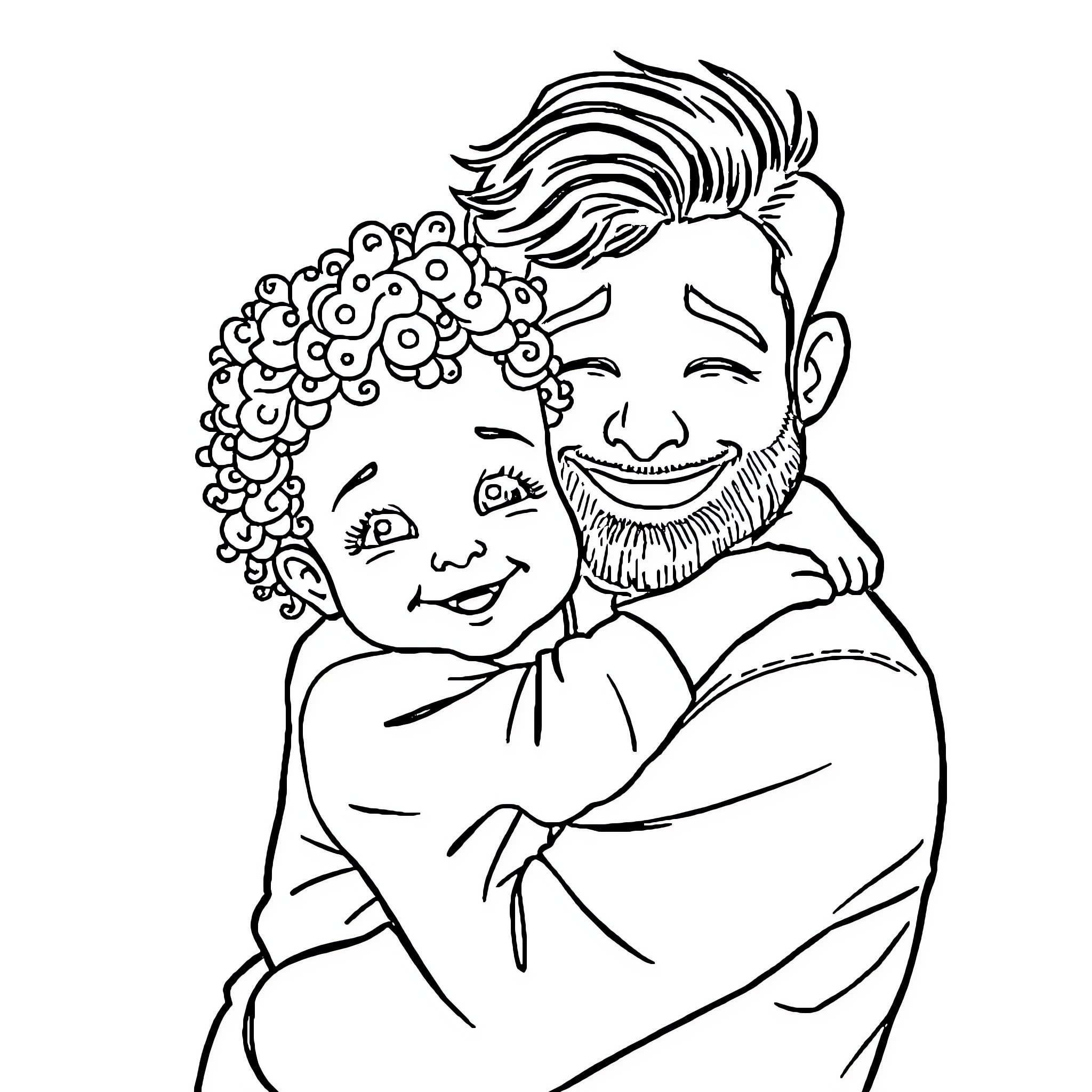 Girl and man sharing a joyful embrace Coloring Page (free black-and-white line drawing printable PDF for all, from beginners to advanced learners, including children, teens, adults, and seniors)