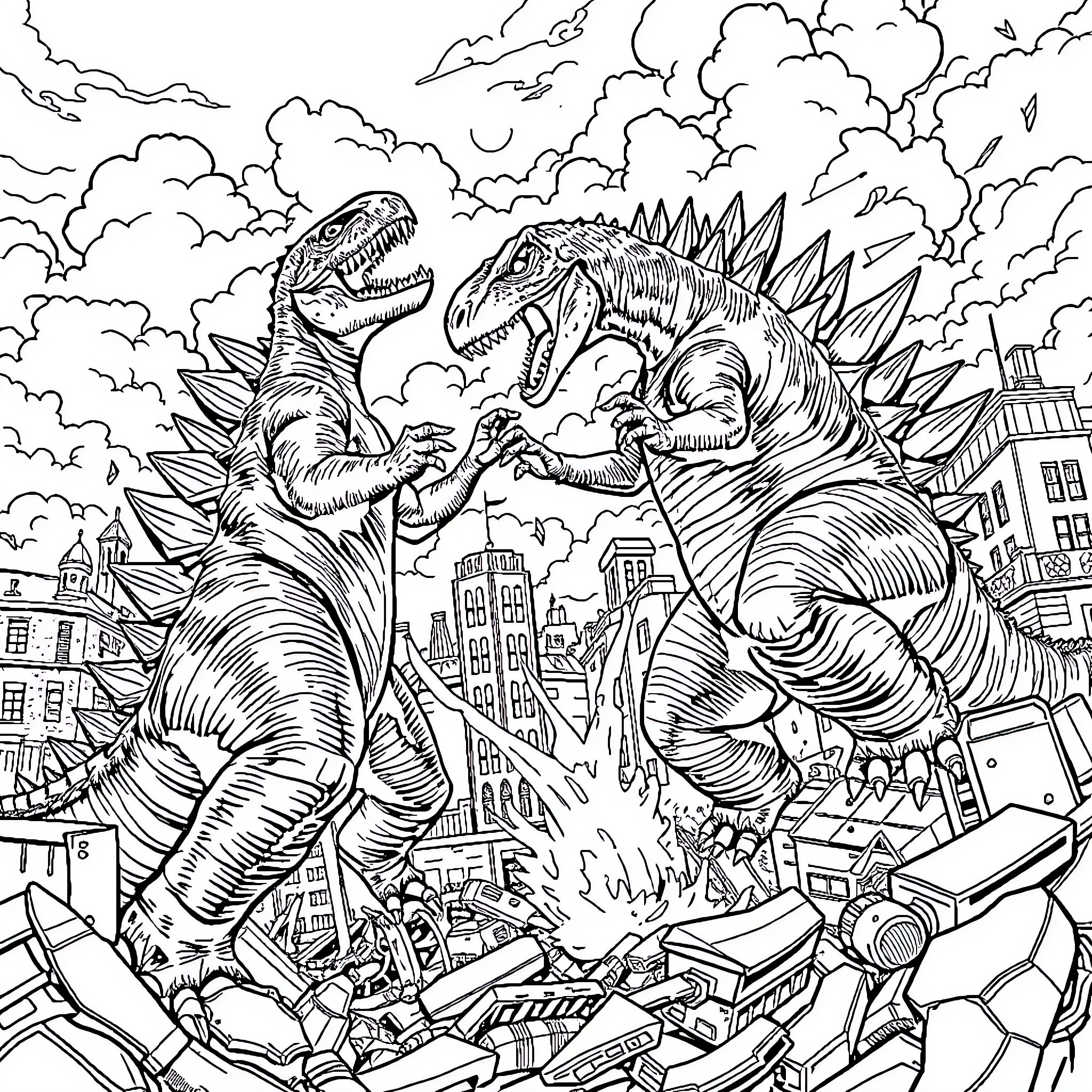 Dinosaur monsters attacking a city Coloring Page (free black-and-white line drawing printable PDF for all, from beginners to advanced learners, including children, teens, adults, and seniors)