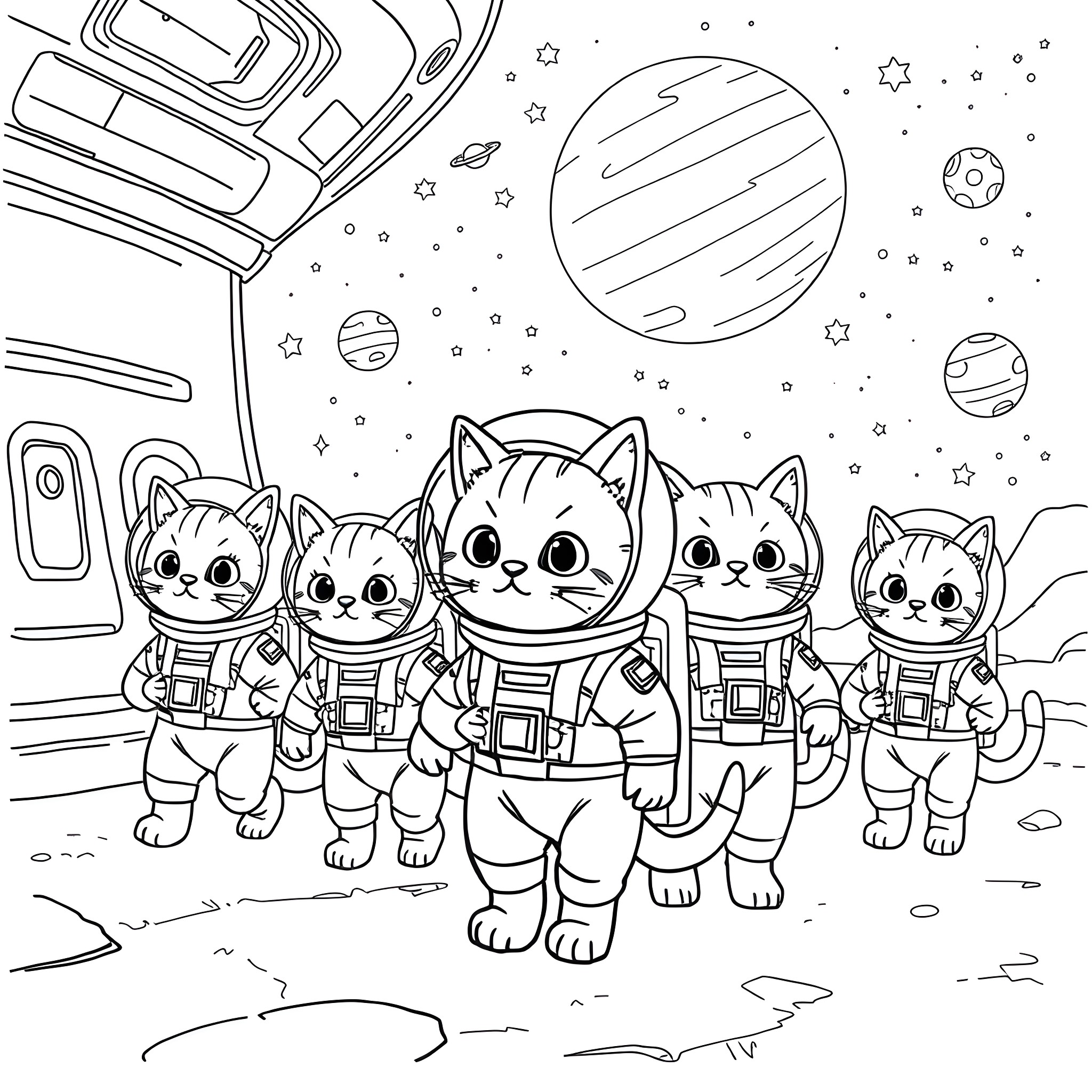 Spacecat group exploring the cosmos Coloring Page (free black-and-white line drawing printable PDF for all, from beginners to advanced learners, including children, teens, adults, and seniors)
