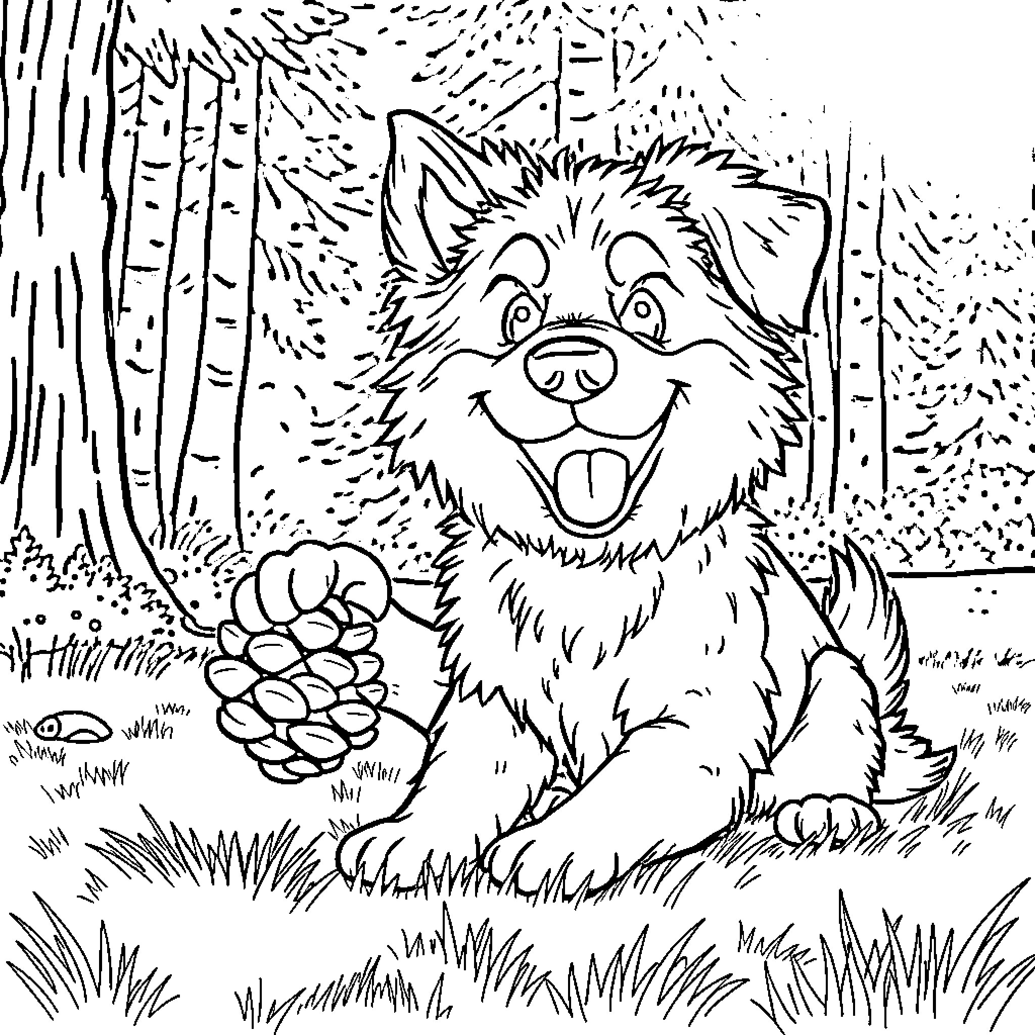 Dog playing with pine cone in forest Coloring Page (free black-and-white line drawing printable PDF for all, from beginners to advanced learners, including children, teens, adults, and seniors)