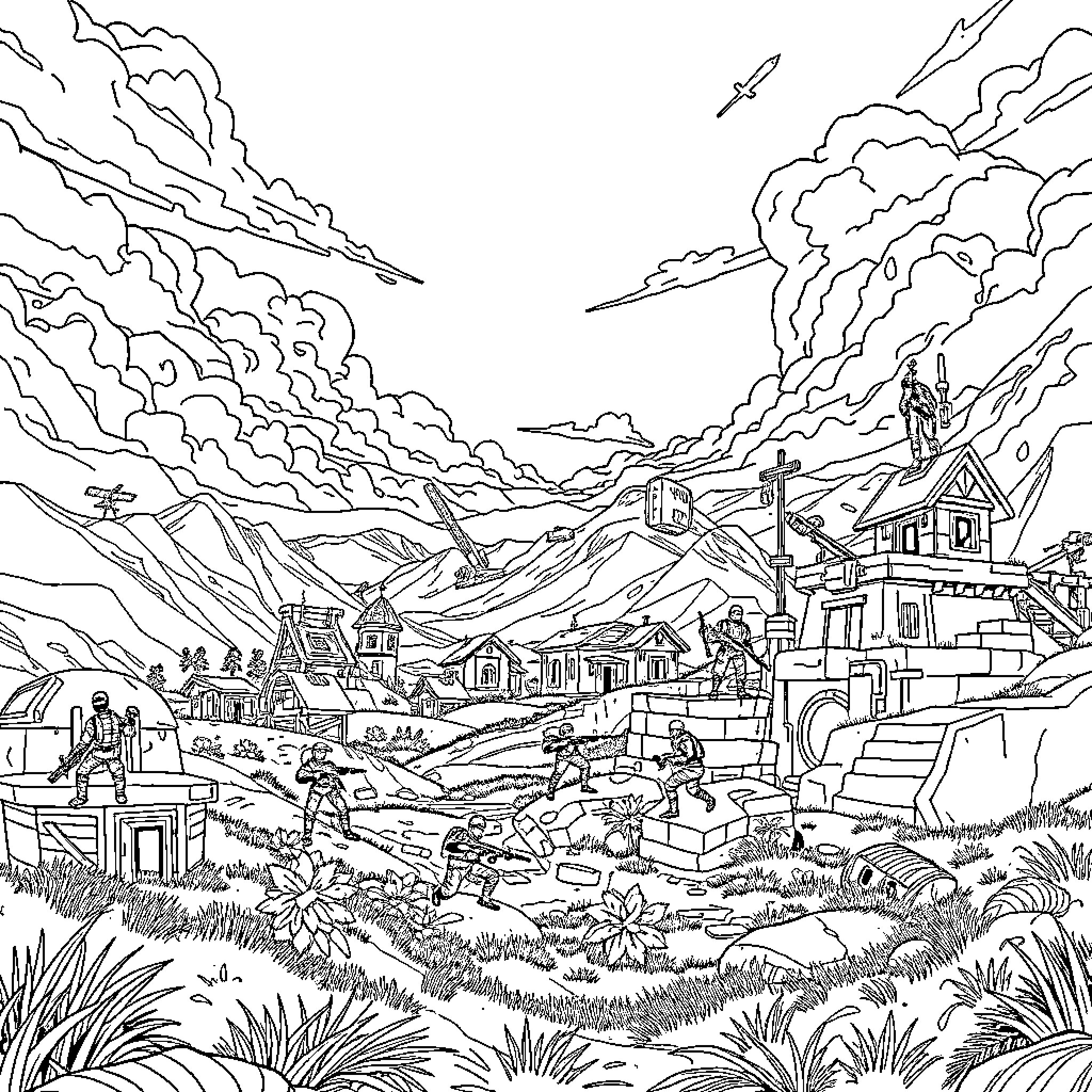 Fortnite Vibrant Landscape with Cityscape and Clouds Coloring Page (free black-and-white line drawing printable PDF for all, from beginners to advanced learners, including children, teens, adults, and seniors)