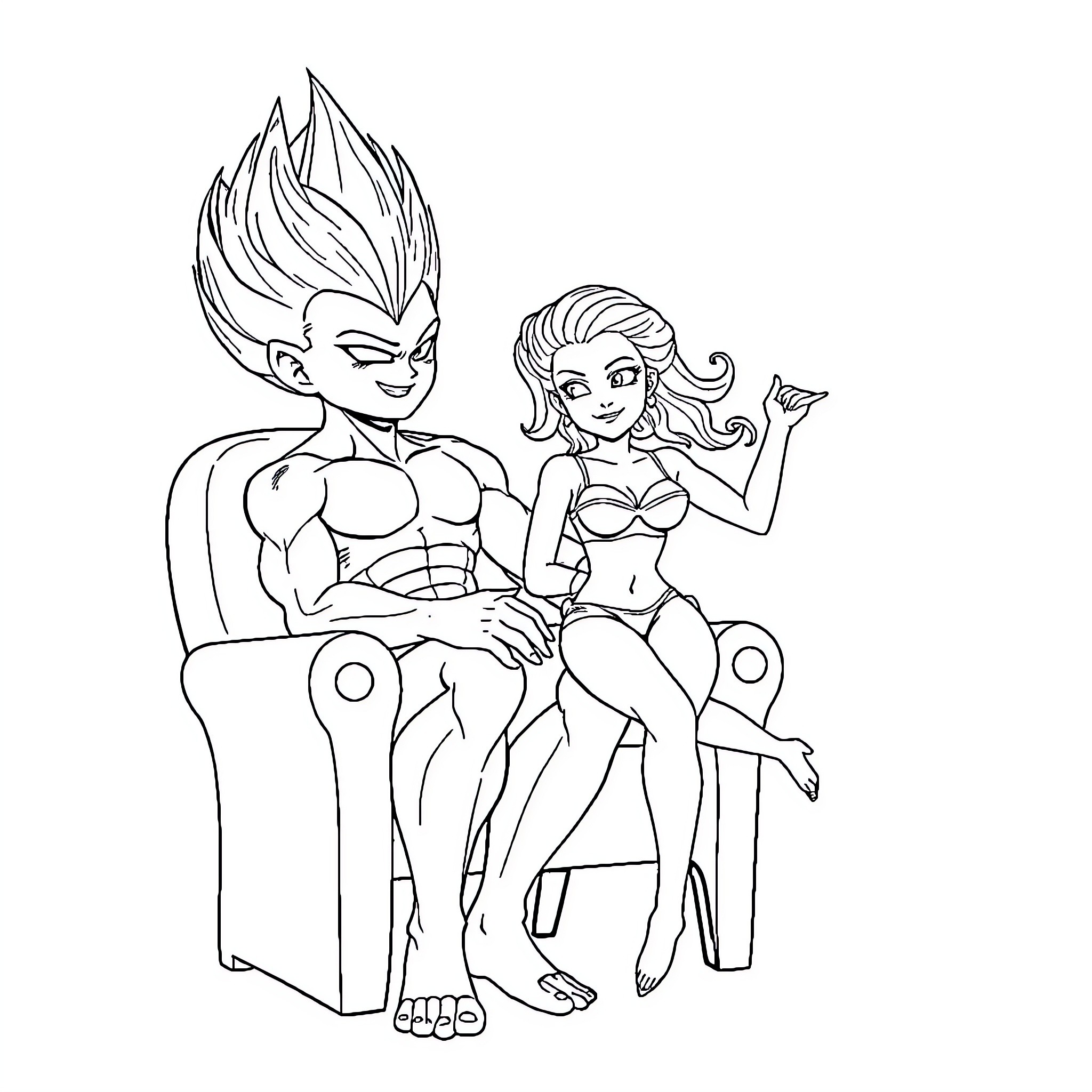 Vegeta and Bulma in casual attire Coloring Page (free black-and-white line drawing printable PDF for all, from beginners to advanced learners, including children, teens, adults, and seniors)