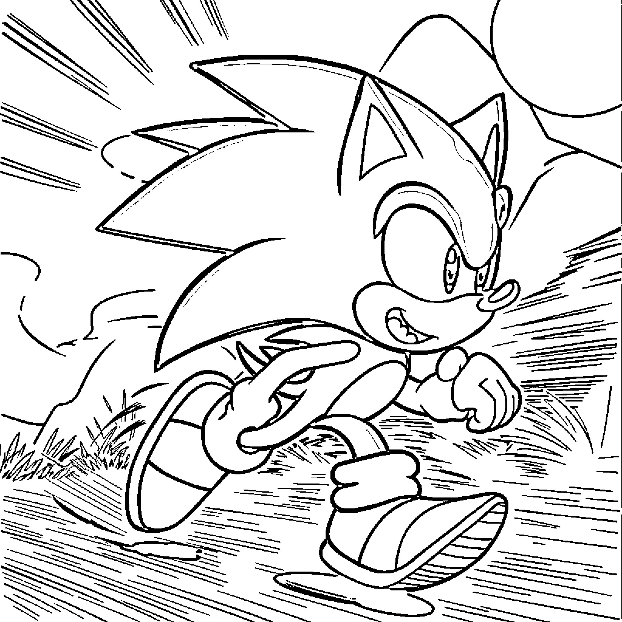 Sonic rushing through an energetic landscape Coloring Page (free black-and-white line drawing printable PDF for all, from beginners to advanced learners, including children, teens, adults, and seniors)
