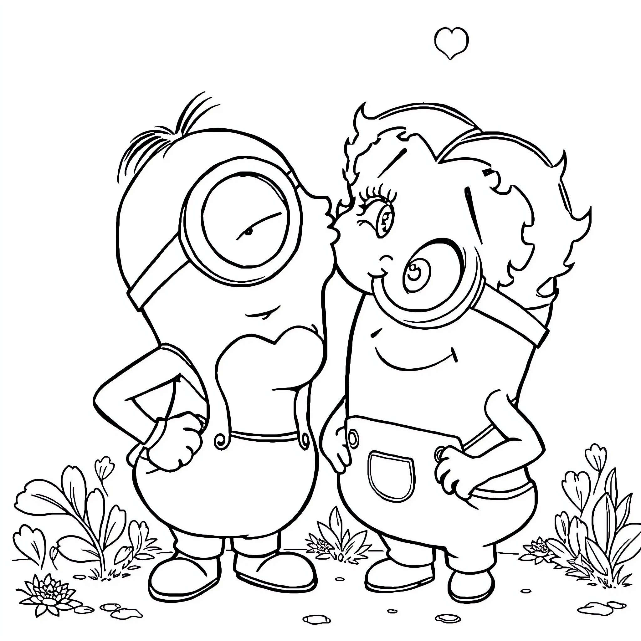 Betty Boop Minions Embrace in Enchanting Landscape Coloring Page (free black-and-white line drawing printable PDF for all, from beginners to advanced learners, including children, teens, adults, and seniors)