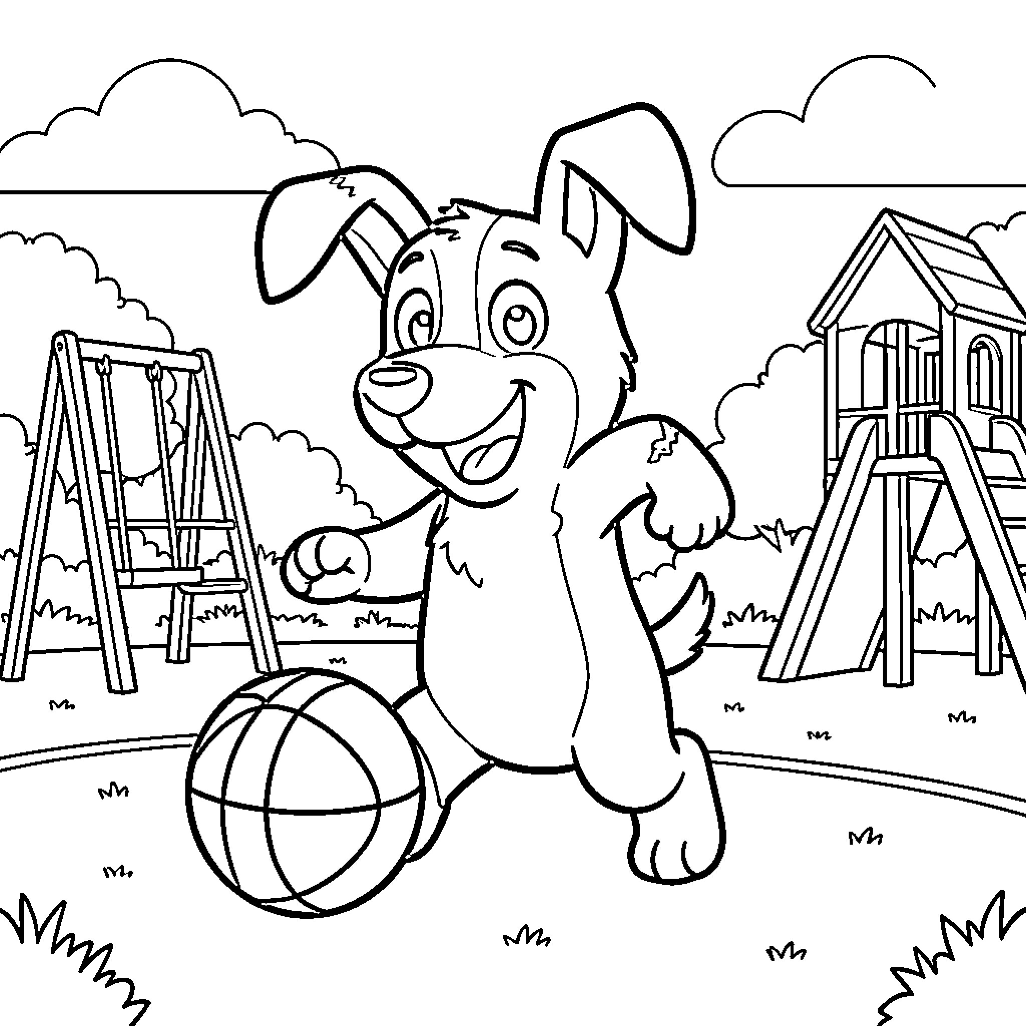 Bluey playing joyfully at the playground Coloring Page (free black-and-white line drawing printable PDF for all, from beginners to advanced learners, including children, teens, adults, and seniors)