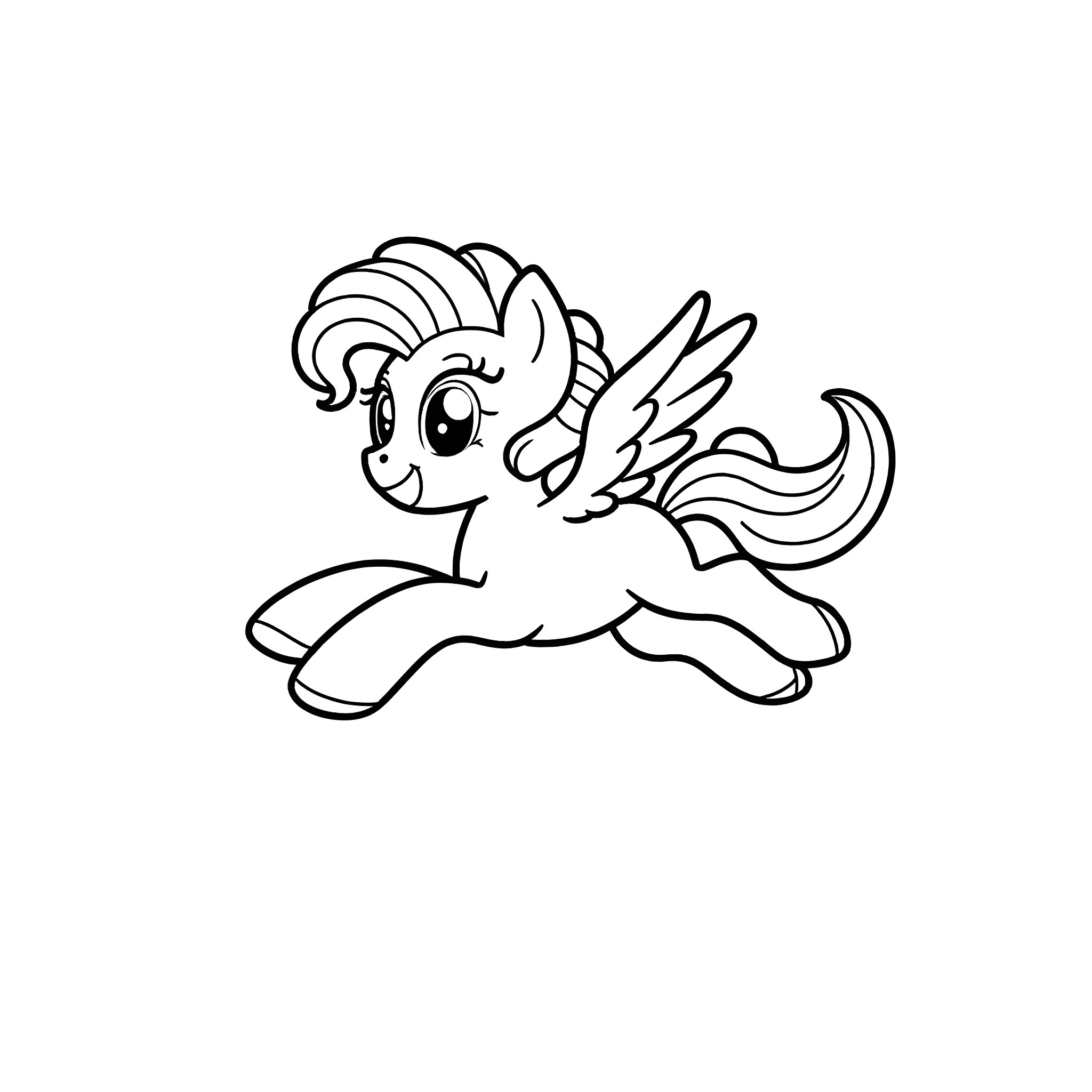 Pony soaring happily with wings Coloring Page (free black-and-white line drawing printable PDF for all, from beginners to advanced learners, including children, teens, adults, and seniors)
