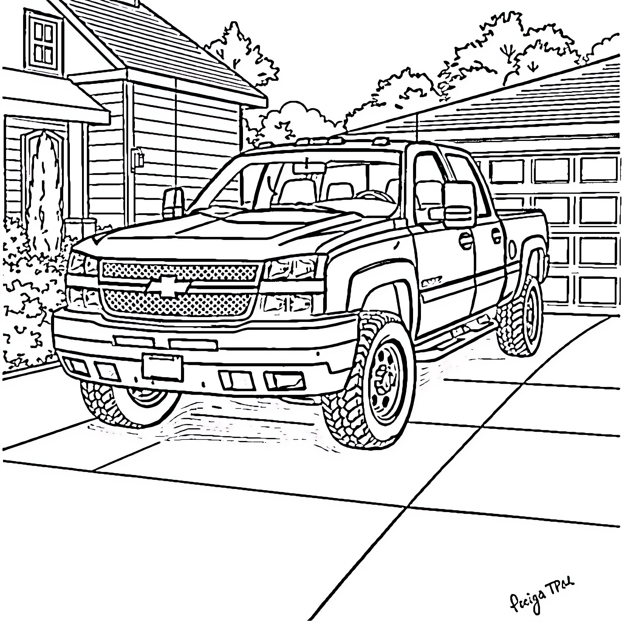 Chevy truck parked in front of country home Coloring Page (free black-and-white line drawing printable PDF for all, from beginners to advanced learners, including children, teens, adults, and seniors)