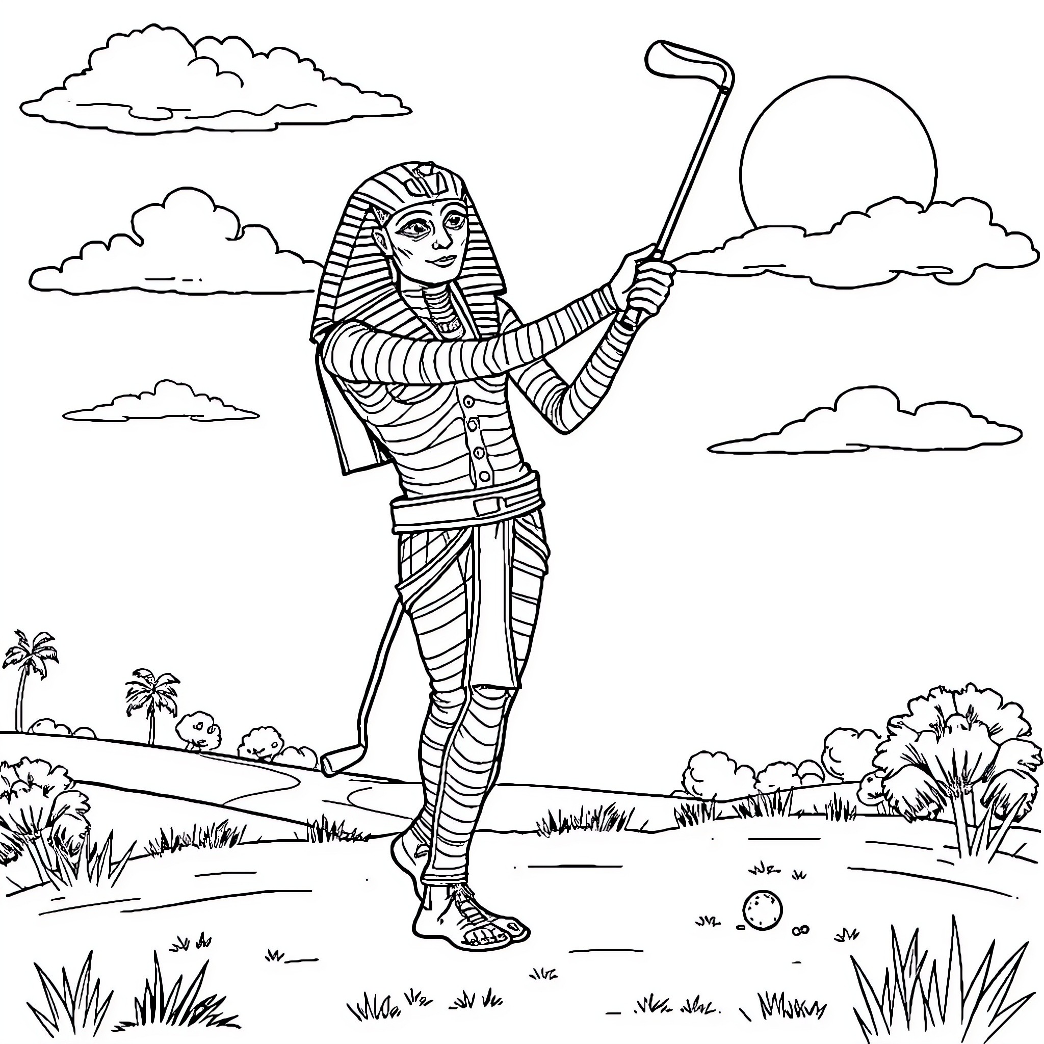 Mummy exploring the ancient landscape Coloring Page (free black-and-white line drawing printable PDF for all, from beginners to advanced learners, including children, teens, adults, and seniors)