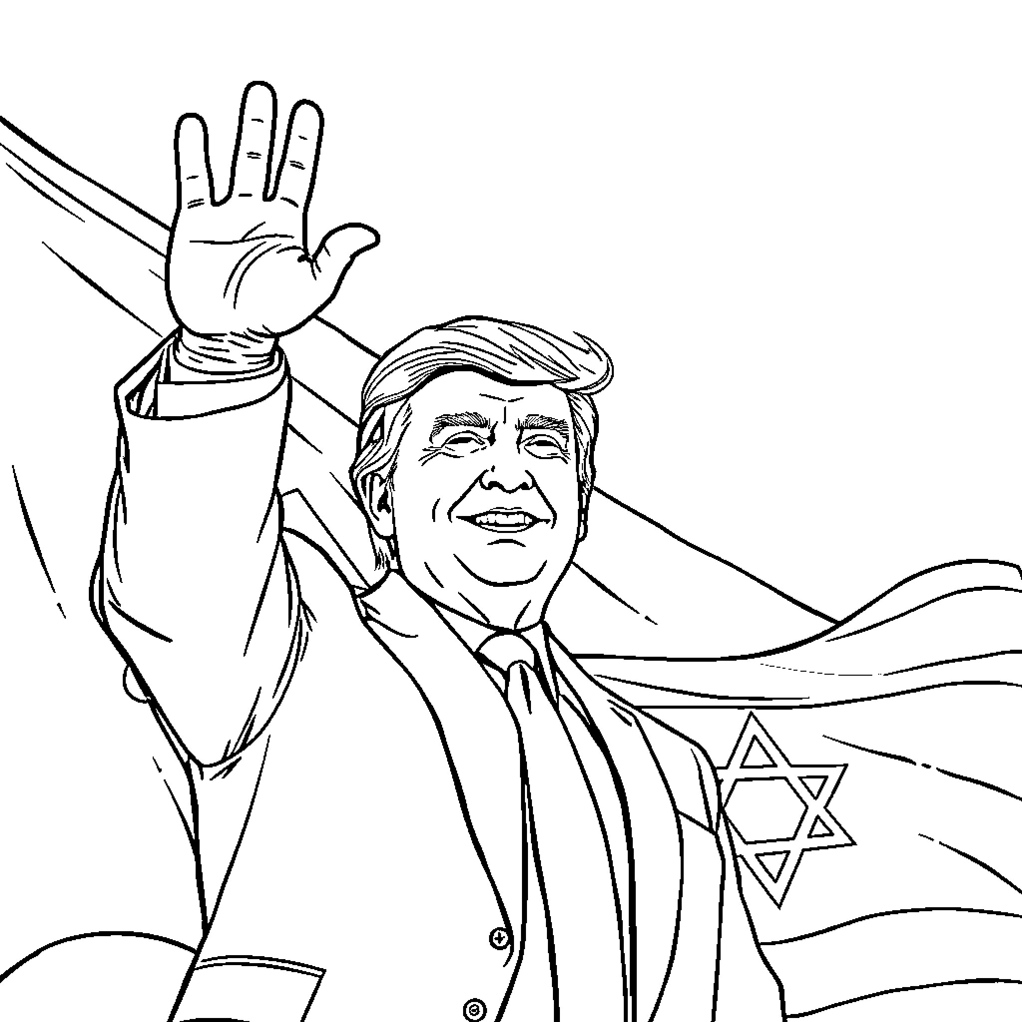 Trump Waving Gesture with Star of David Flag Coloring Page (free black-and-white line drawing printable PDF for all, from beginners to advanced learners, including children, teens, adults, and seniors)