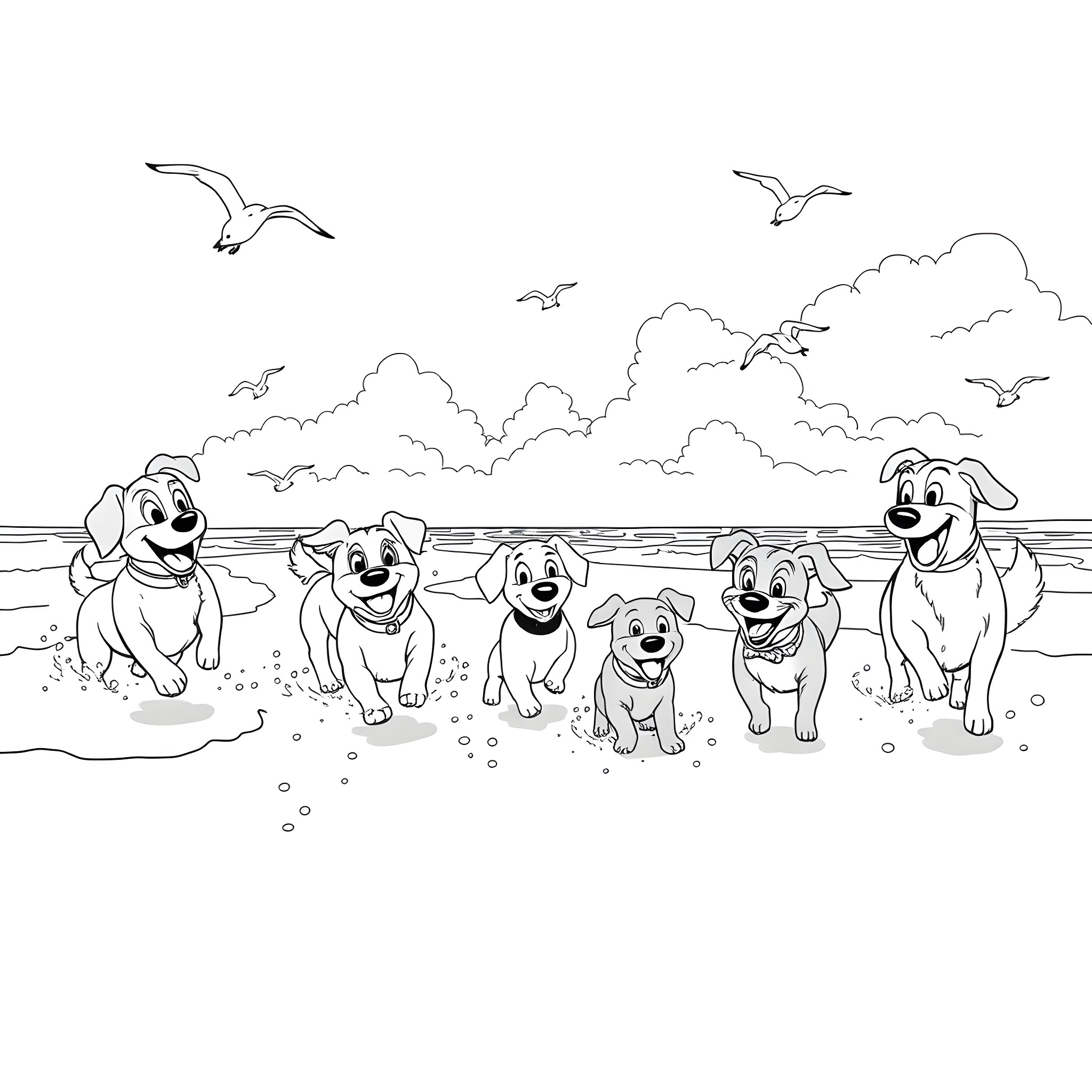 Dog family exploring the beach together Coloring Page (free black-and-white line drawing printable PDF for all, from beginners to advanced learners, including children, teens, adults, and seniors)