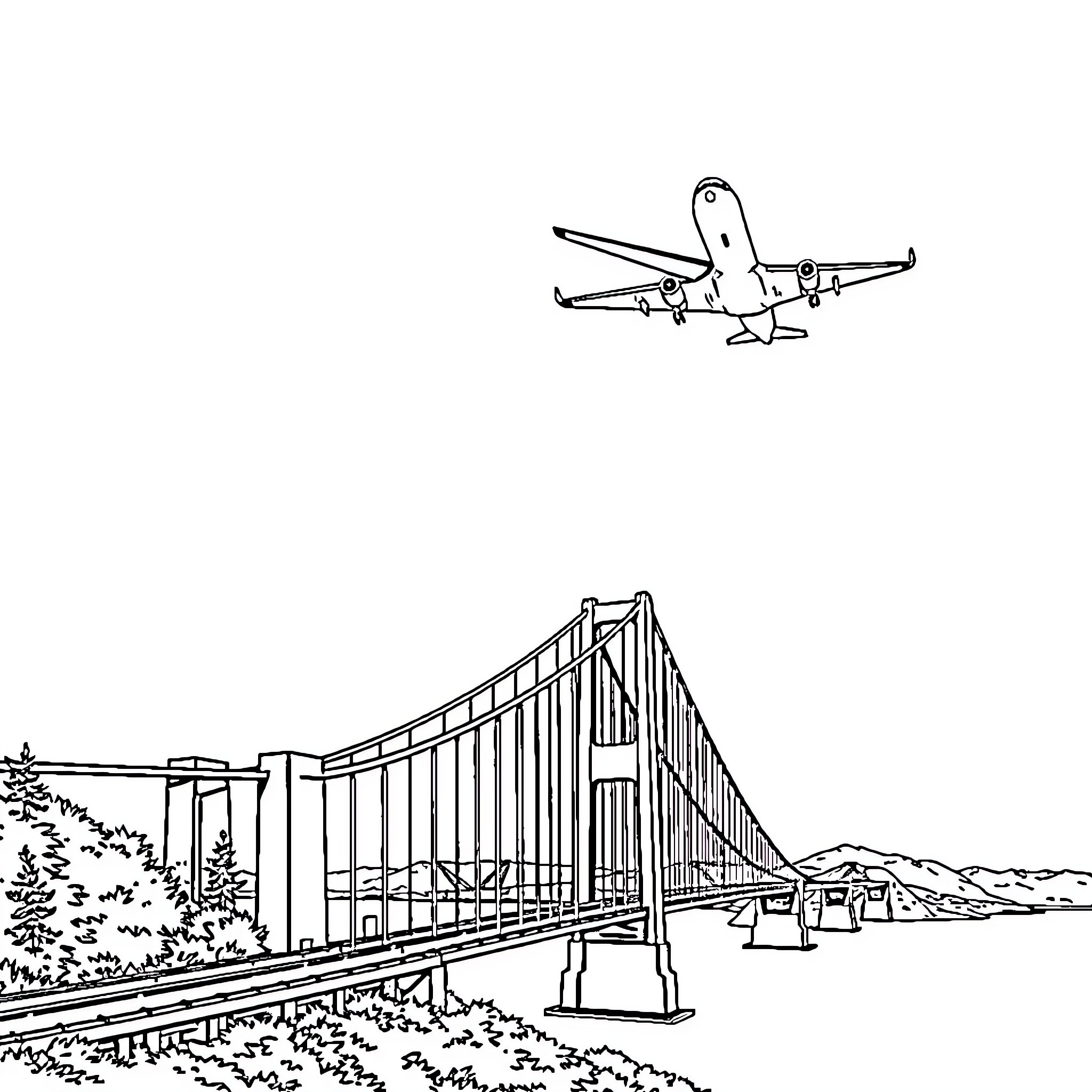 Airplane soaring over iconic suspension bridge Coloring Page (free black-and-white line drawing printable PDF for all, from beginners to advanced learners, including children, teens, adults, and seniors)