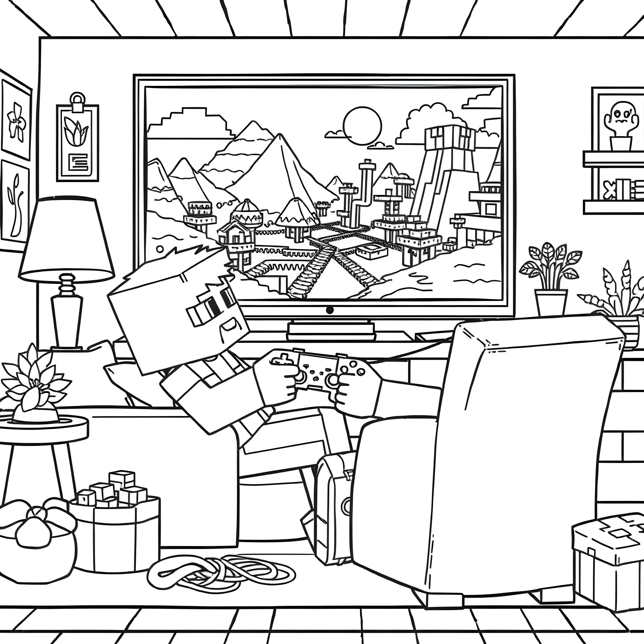 Steve's Cozy Room with Scenic Mountain Landscape Coloring Page (free black-and-white line drawing printable PDF for all, from beginners to advanced learners, including children, teens, adults, and seniors)