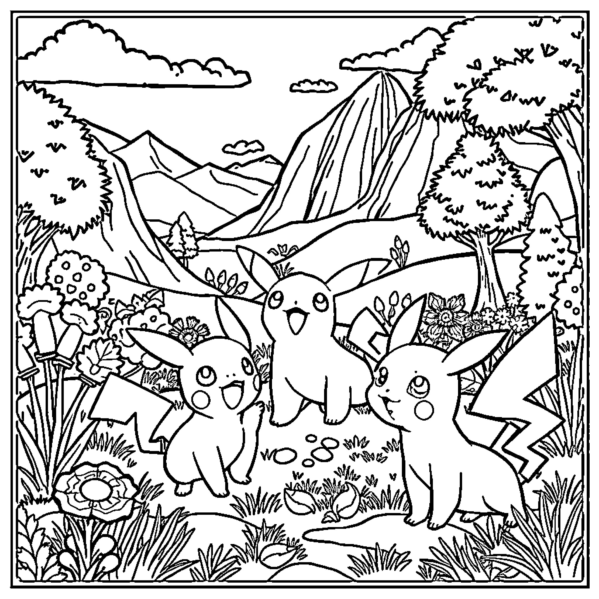 Pokémon playing happily in a nature landscape Coloring Page (free black-and-white line drawing printable PDF for all, from beginners to advanced learners, including children, teens, adults, and seniors)